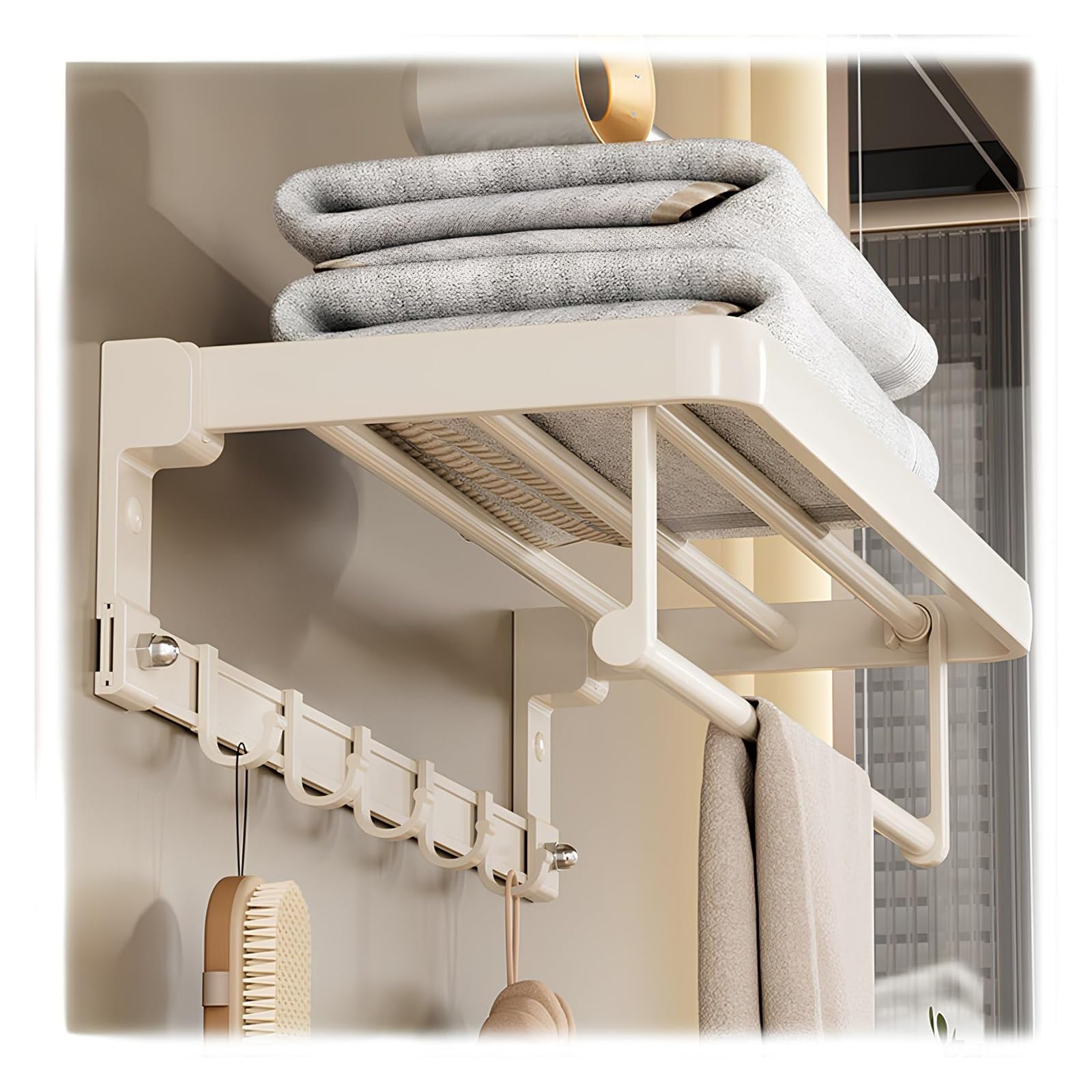 Wall Mounted Bathroom Towel Rack Heavy Duty Space Aluminum Foldable Towel Holder with 5 Hooks Shelf For Bathroom/Kitchen/Laundry Room/Rustproof Waterproof(60cm/23.6in)