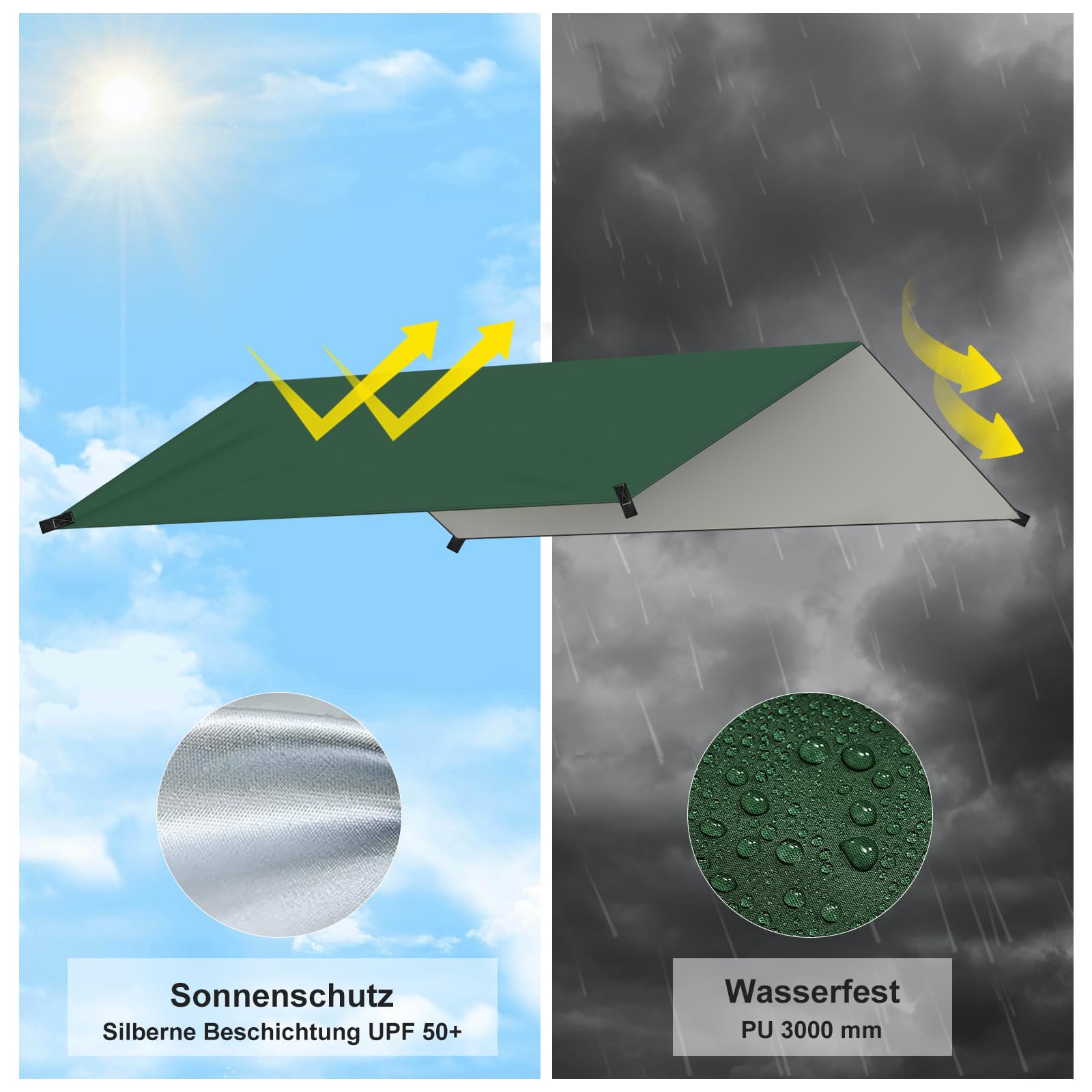 WOLTU Zeltplane Wasserdicht, Tarp mit Stangen Ösen, Camping Plane Sonnenschutz Ultraleicht, mit Windenseilen Erdnägeln Aufbewahrungstaschen, für Picknick Wandern