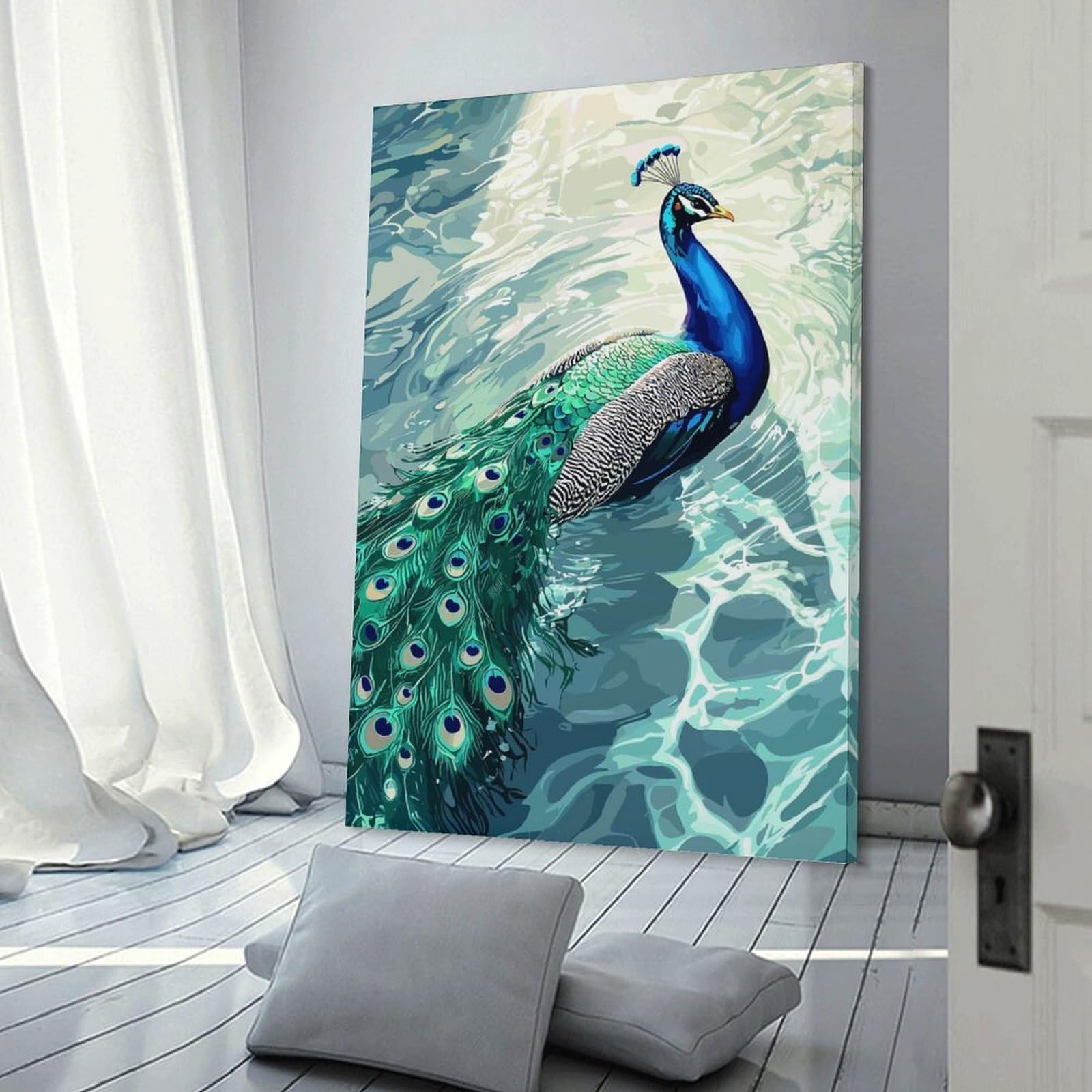 Junmoney Frame-Style-3 Wall Art Print Peacock In Water Digital Art, 24X36inch(60X90cm), For Living Room, Bedroom Or Home Office, Thoughtful Wall Decor For Art Lovers