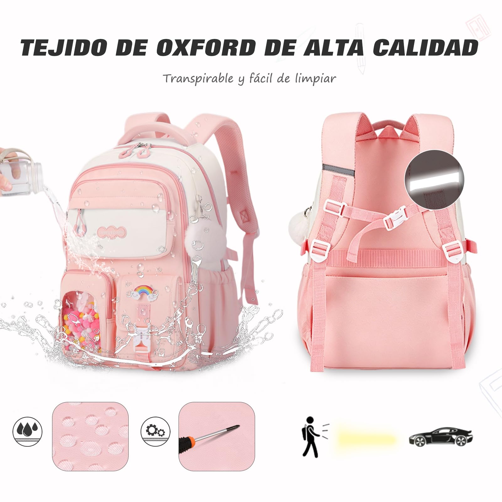 FANDARE Mochila Escolar Infantil con Tira Reflectante y Compartimentos Múltiples Ergonómica con Respaldo Transpirable y Oxford Impermeable Ligera para Niño de Primaria Rosa