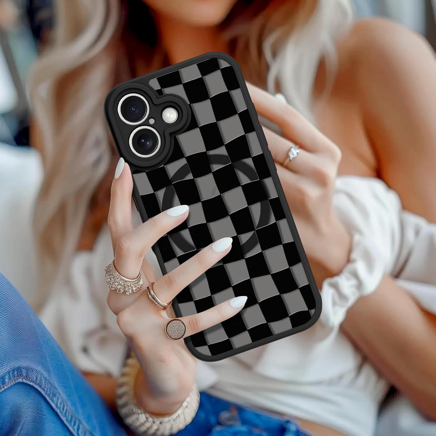 Magnetic for iPhone 17 Case Cute Checkered Checkerboard Phone Case for Women Men Compatible with MagSafe, Slim Matte Shockproof Protective Cover for iPhone 17 6.3", Black Checkered
