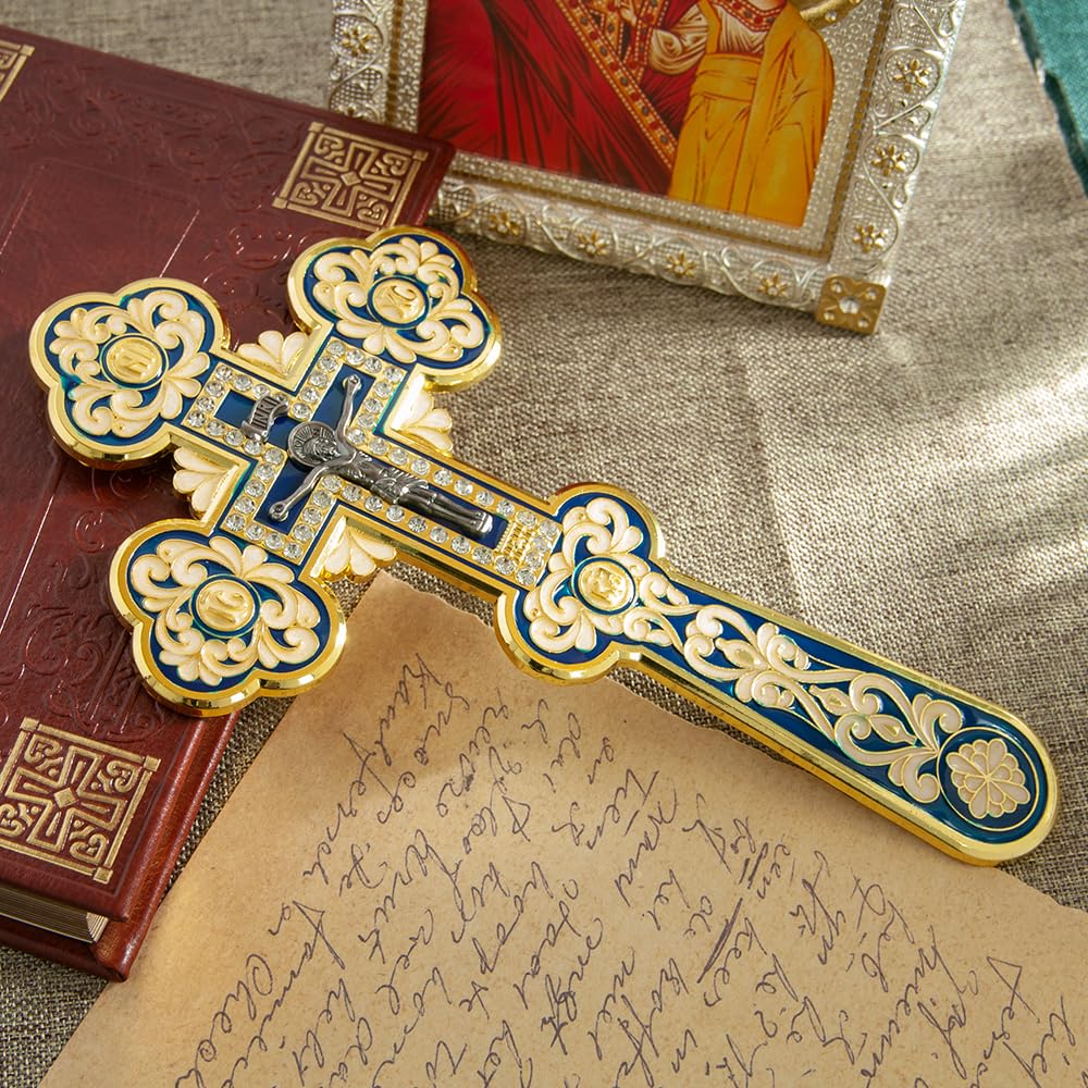 RZRHMUHN Croix orthodoxe, crucifix réaliste, cadeau religieux, crucifix en alliage de métal plaqué or, statue de Jésus de la passion avec croix de prière icône de Marie avec boîte (bleu)