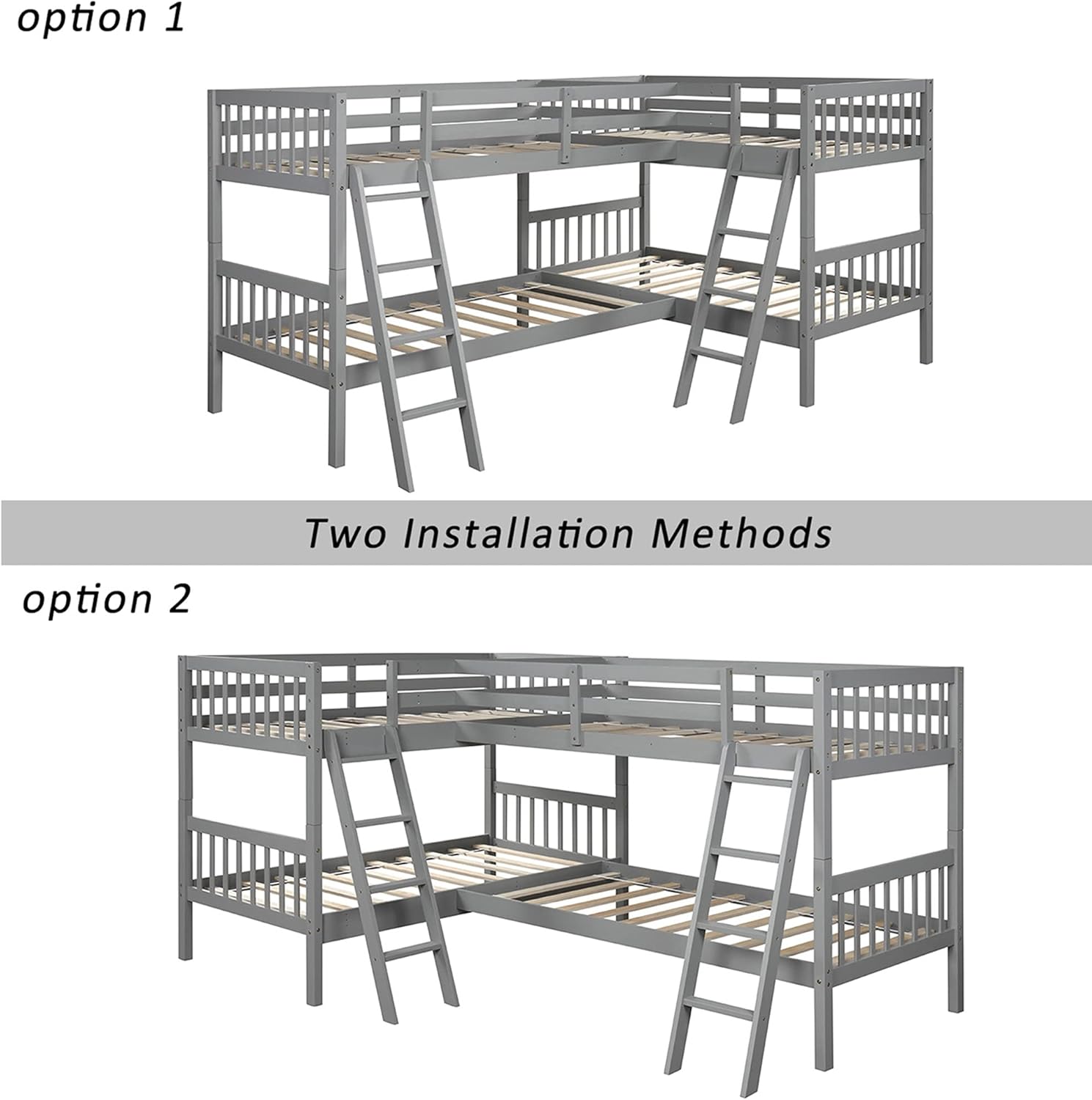 P PURLOVE Twin Over Twin Bunk Bed, L-Shaped Twin Size Bunk Bed Frame Wood Slat Support No Box Spring Needed (Gray)