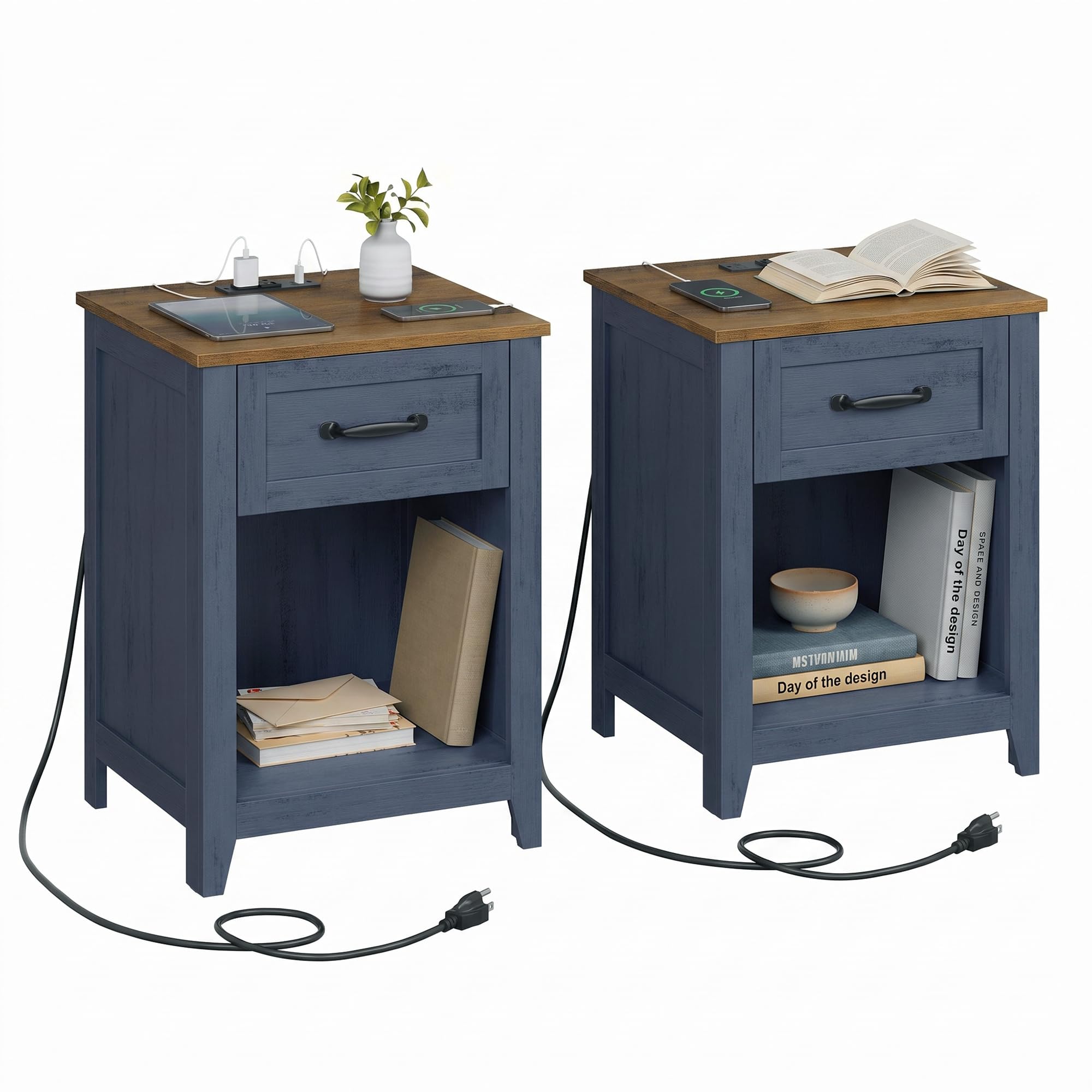 VASAGLE Farmhouse Nightstands with Charging Station, 1 Drawer, Set of 2