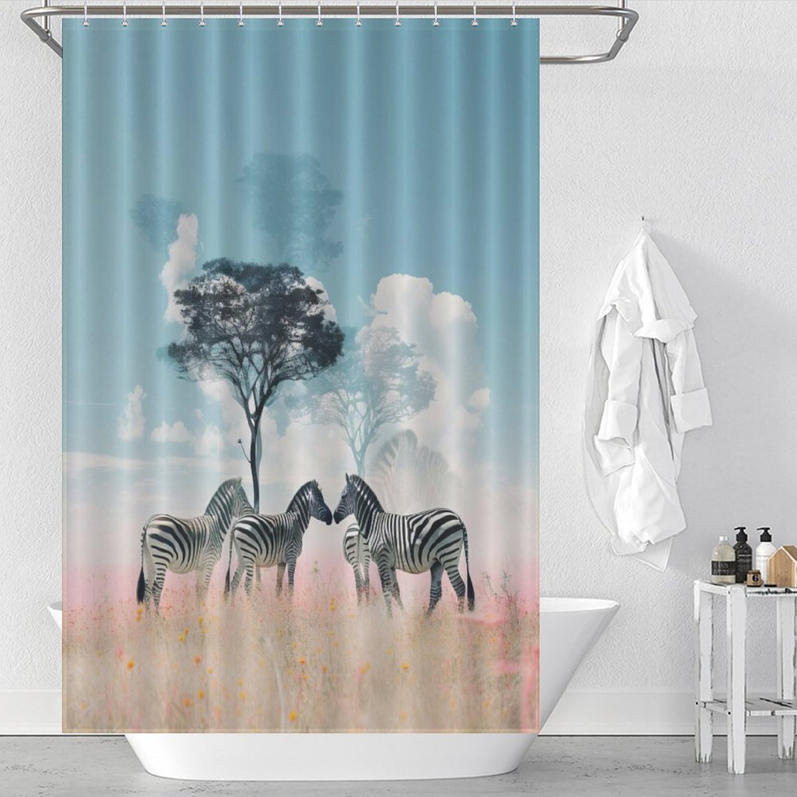 Rideau de douche zèbre anti-éclaboussures pour baignoire d'angle en tissu lavable