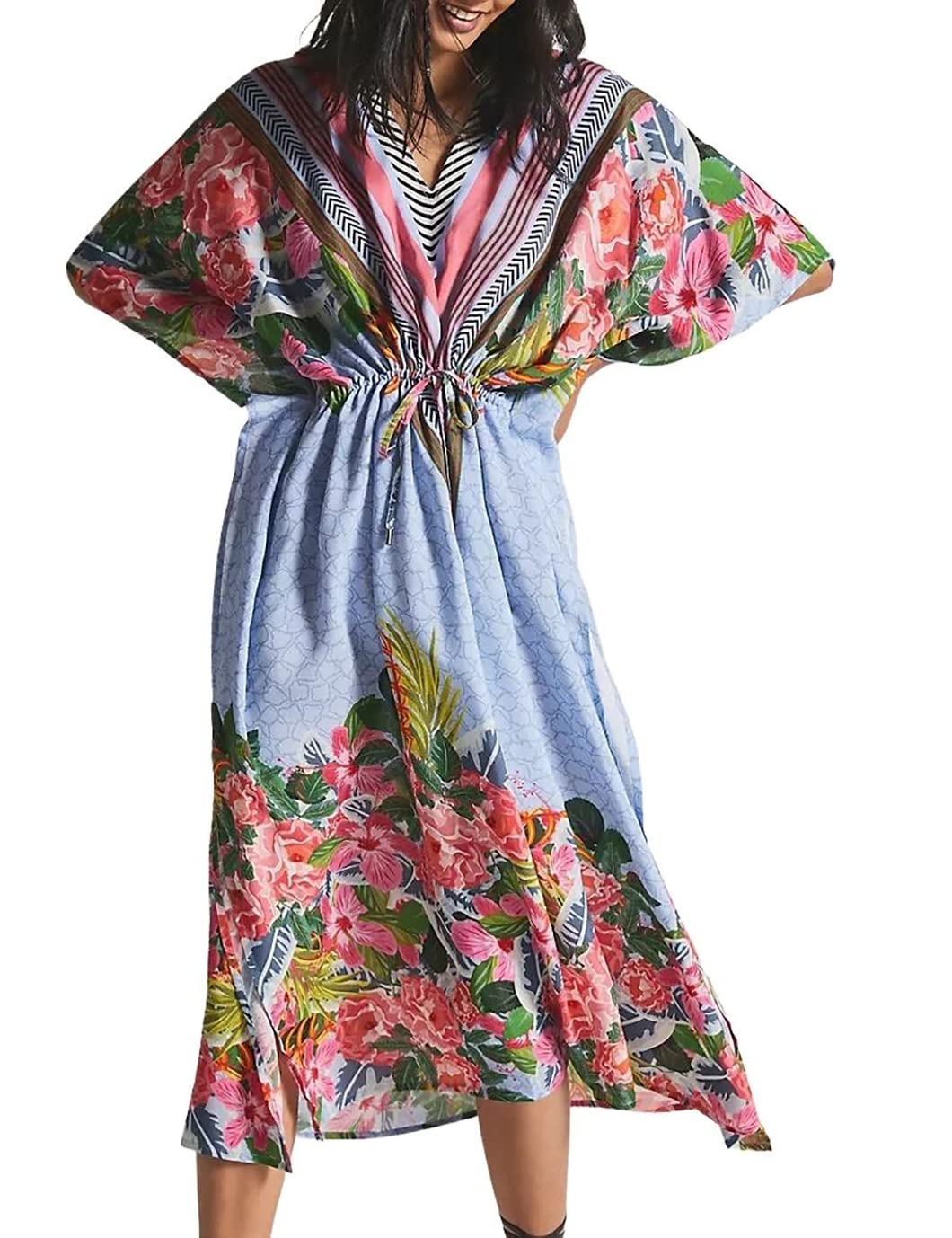 EddoyeeKaftan Dresses for Women V-neck Caftan Swimsuit Cover Up Floral Print Beach Maxi Dress with Drawstring