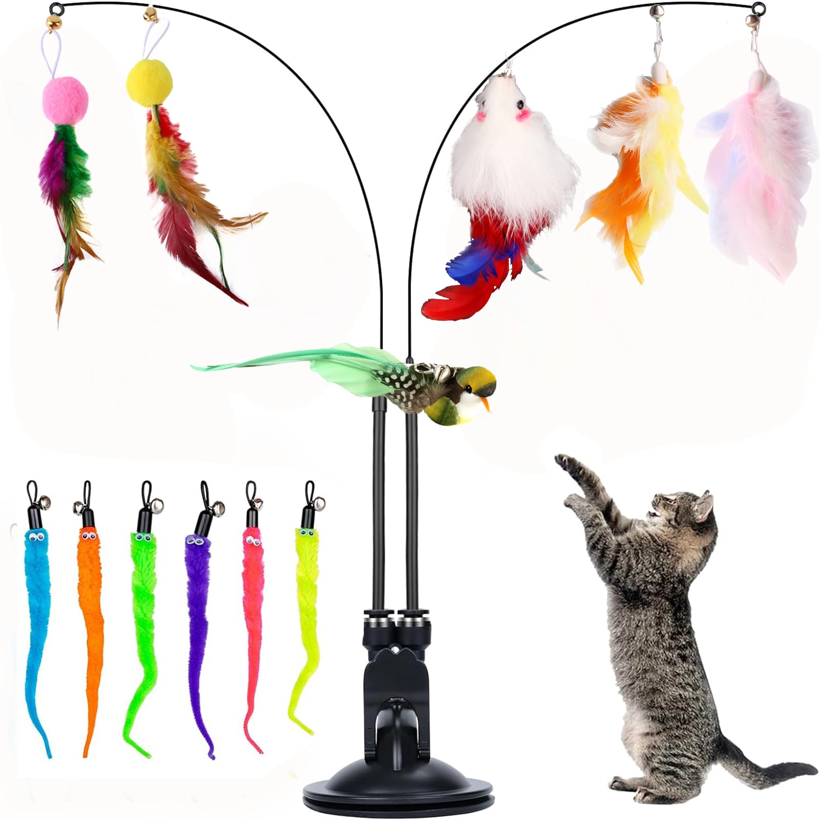 JINGTOPS 15 Piezas Juguete Pluma de Gato Interactivo, Juguete Interactivo para Gatos, Plumas, Pesca para Gatos con Ventosa, Caña de Pescar para Gatos, con 2 Agujero, Pájaro, Ratón
