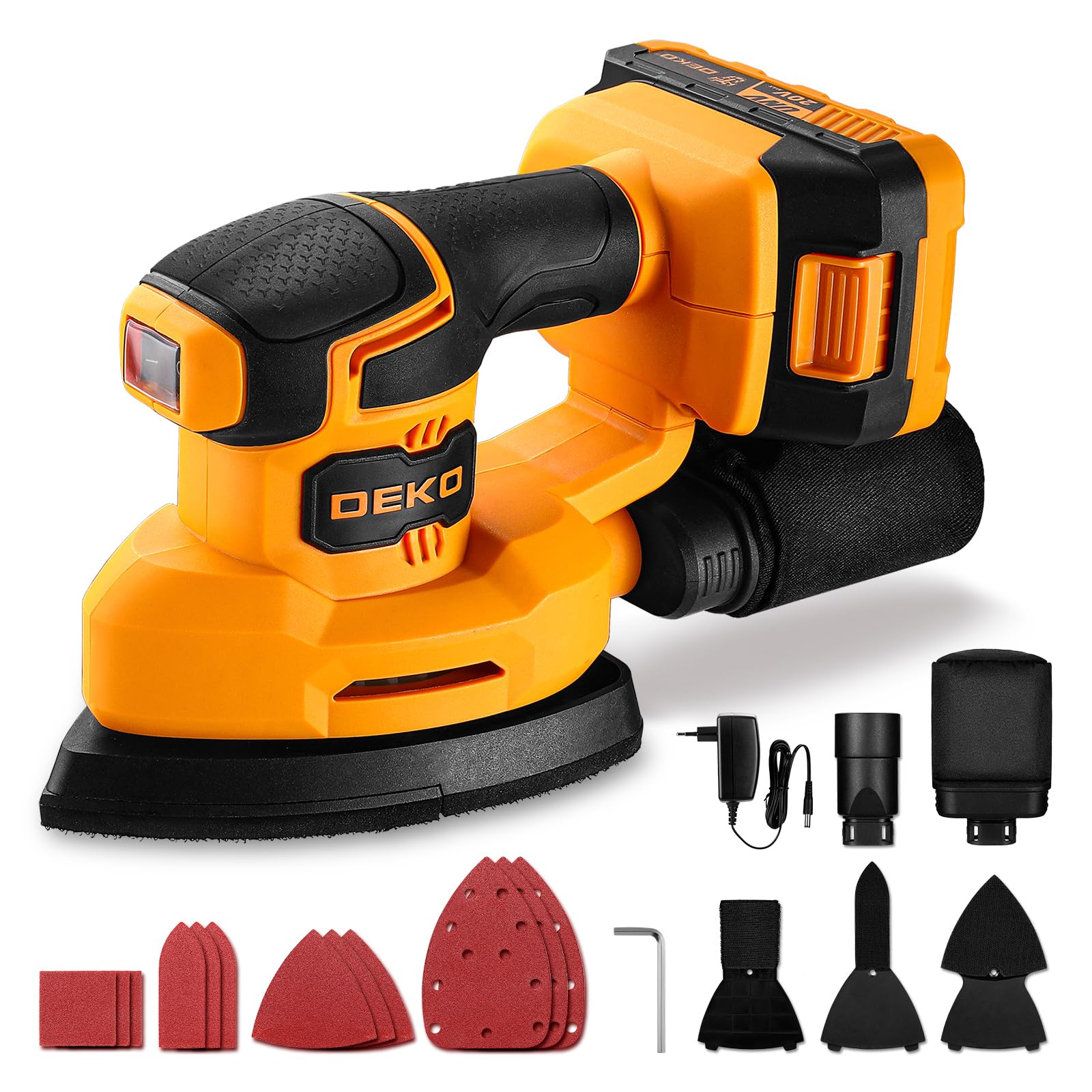 Levigatrice Mouse per Legno: DEKOPRO 20V Multifunzione Levigatrice Palmare con Batteria 13000 RPM, 3 Accessori Aggiuntivi 12PCS Carte Vetrata - per Levigare in Falegnameria e DIY Giallo e Nero