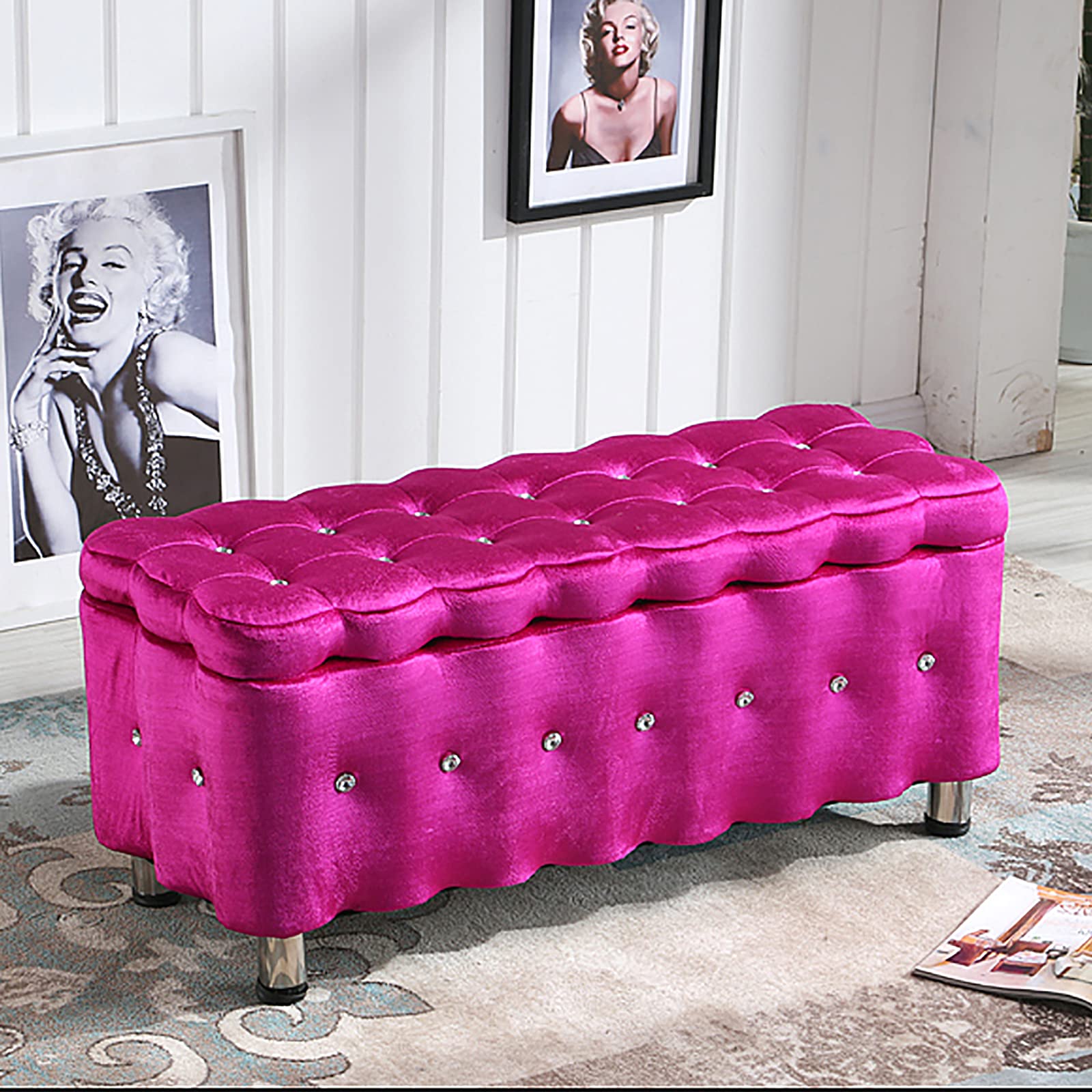 WJFTODAY Luxury Velvet Tufted Shoe Bench with Crystal Buttons Multifunctional Upholstered Ottoman & Comfy Footrest for Living Room & Bedroom Elegant Rose Red 60x40x40cm Storage Solution
