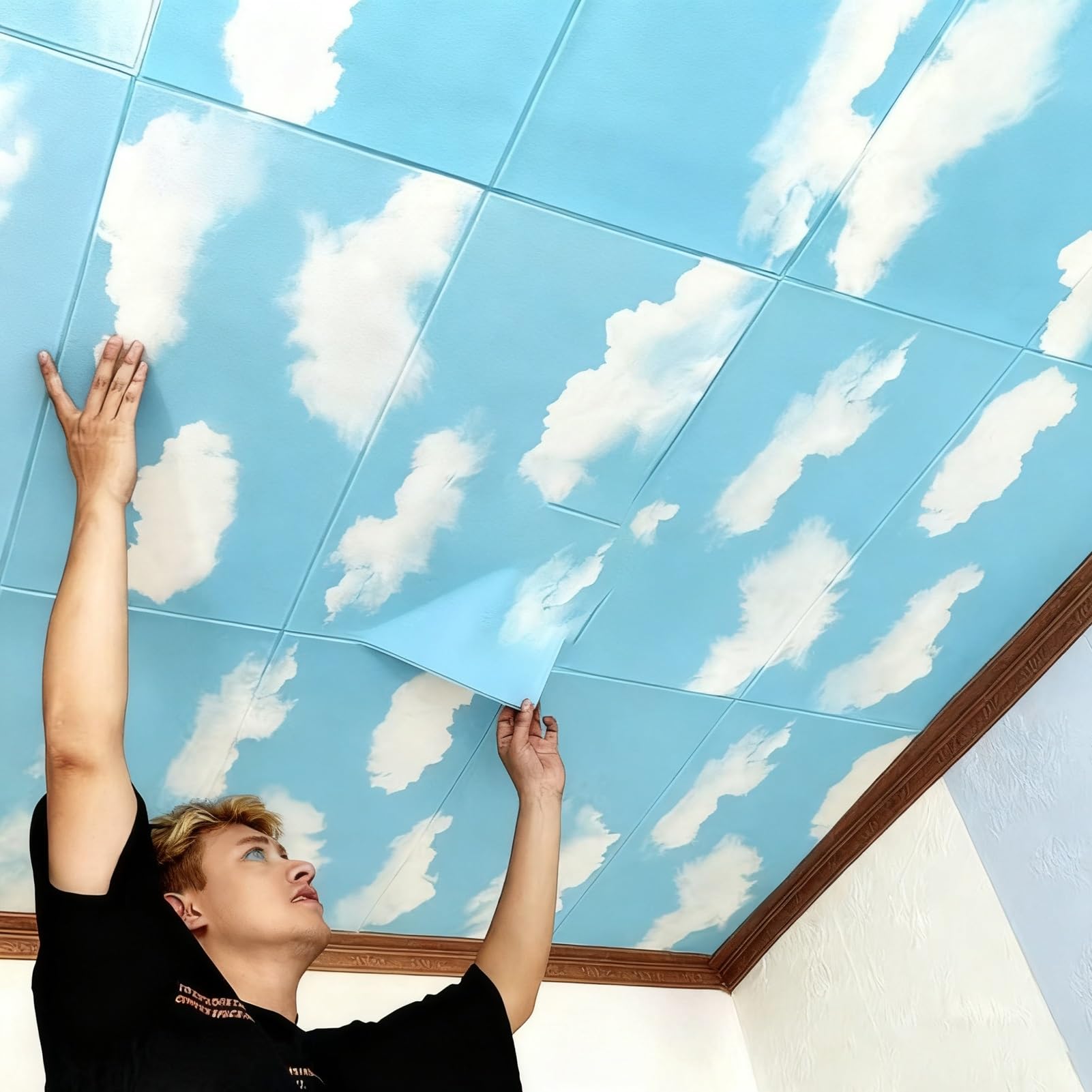Dalle de plafond ciel bleu 30x30 cm en vinyle pour panneaux suspendus et véranda (lot de 45)