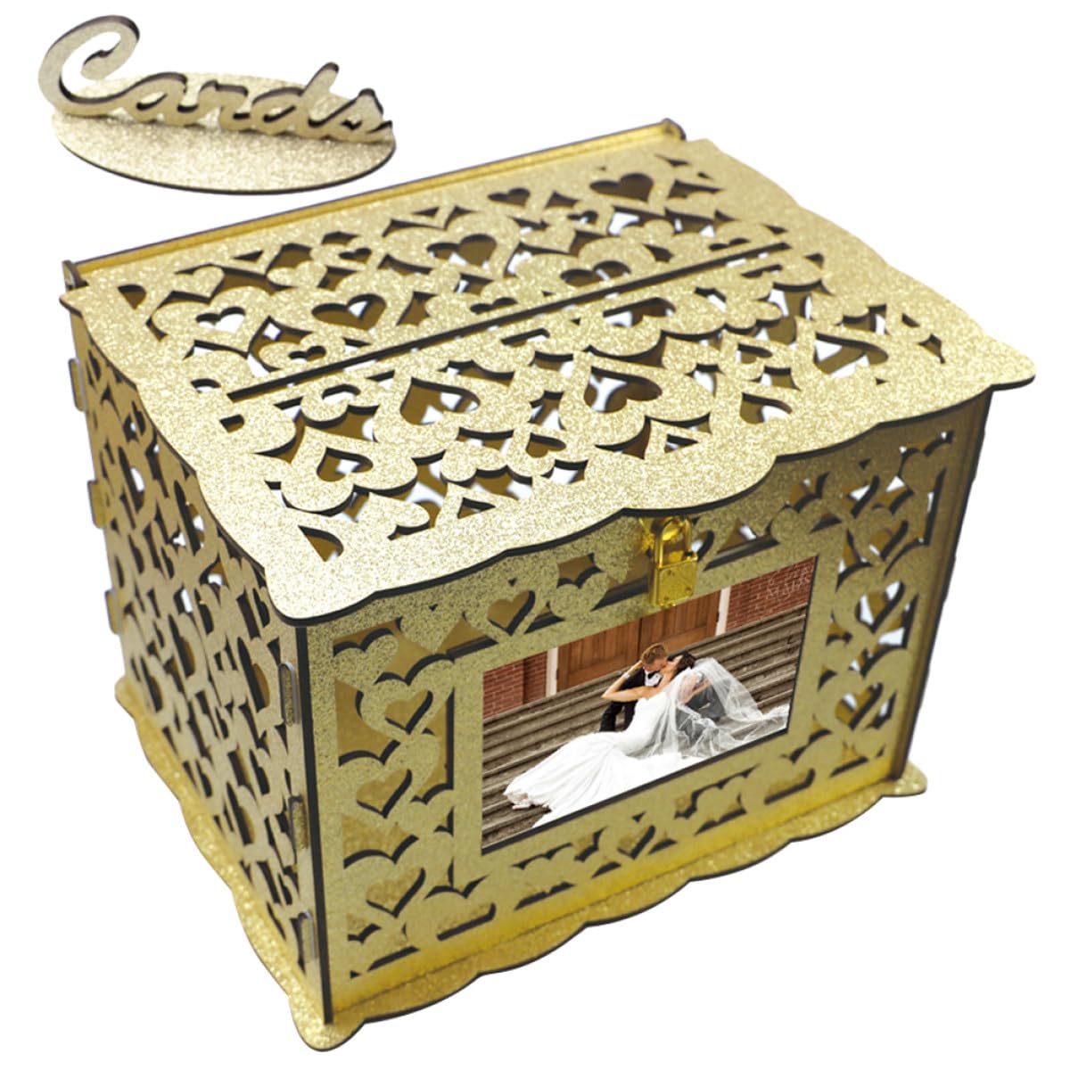 Caja de madera dorada para tarjetas con acabado premium para eventos