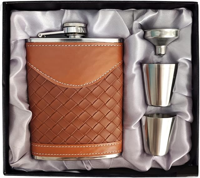 Hip Flasks for Men 8oz Leather Flask Gift Set,LHD HOME 304 Stainless Steel Flask Set w/Funnel Shot Glasses Lovely Gift for Whiskey Rum Groomsman Best Man Usher Wedding Camping-Leather Stripe Brown 8oz