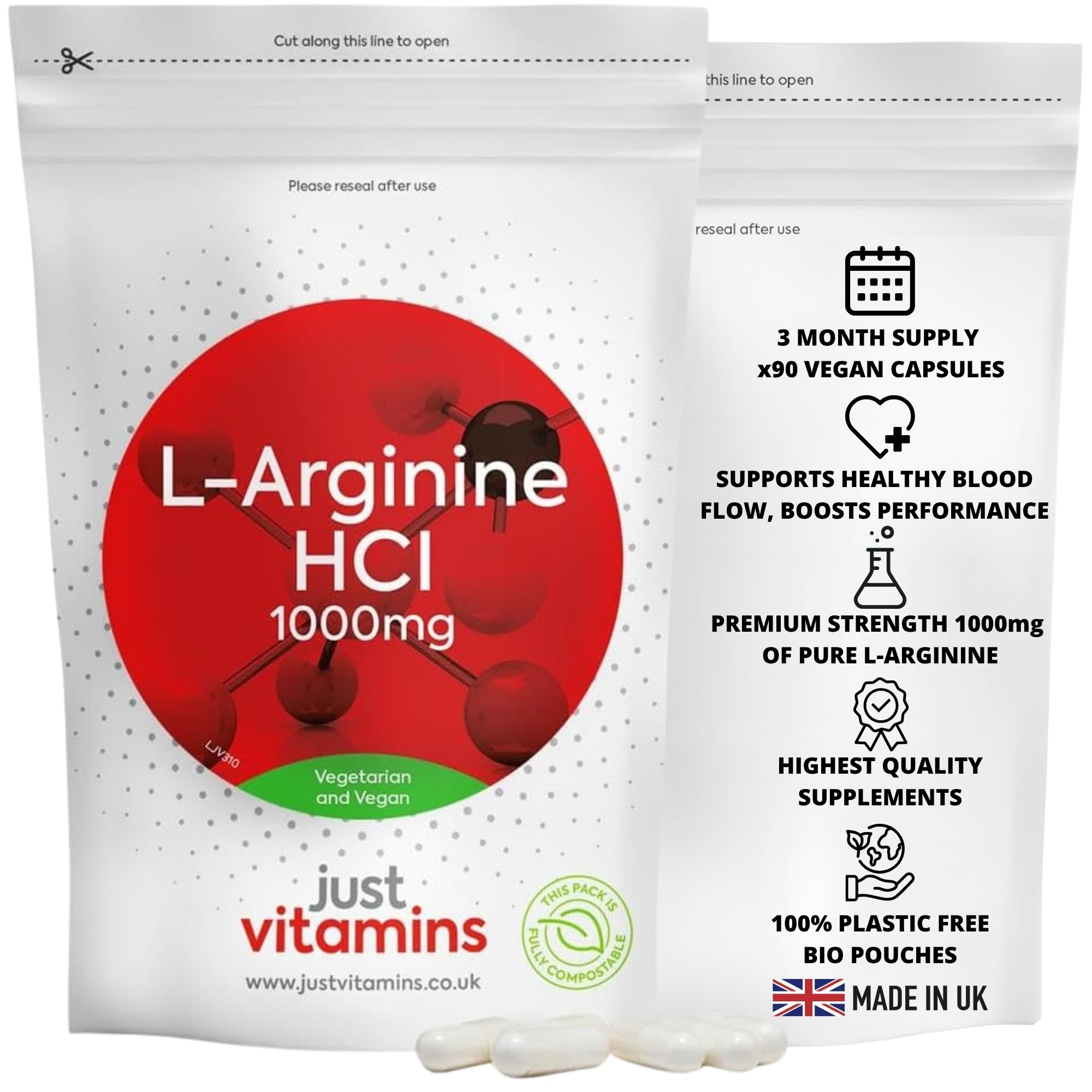 L Arginine HCL 1000mg | 90 Vegan Capsules | Supports Healthy Blood Flow for Men & Women | High Strength Nitric Oxide Amino Acid L-Arginine | Powerful Vasodilator | UK Made - Just Vitamins