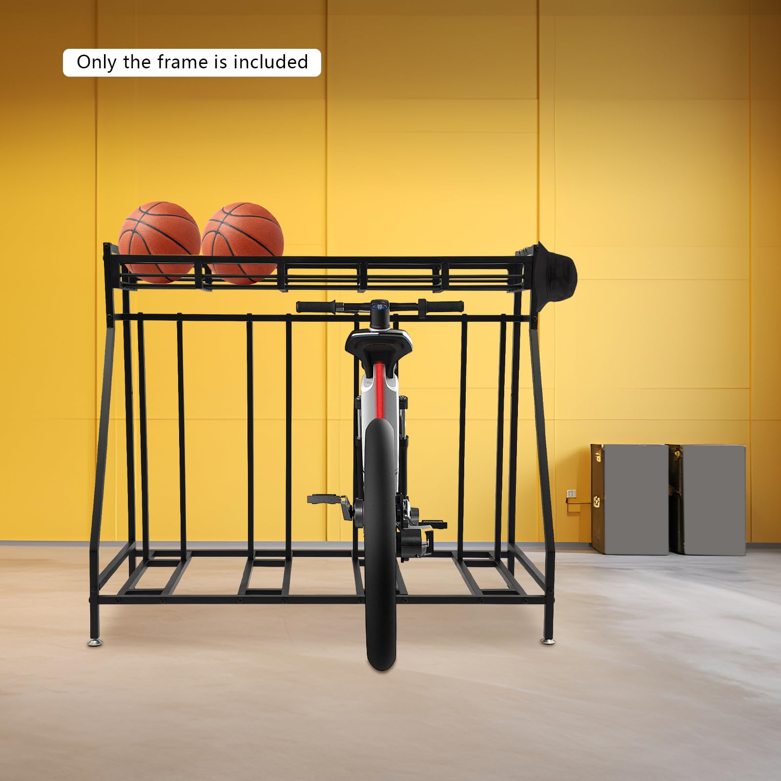 Fahrradständer Boden für 4 Fahrräder, mit Aufbewahrungskorb und 4 Haken, stabiler Metallrahmen, rostfrei und langlebig, platzsparendes Design, 100 kg Tragkraft, für Garage, Keller und Garten