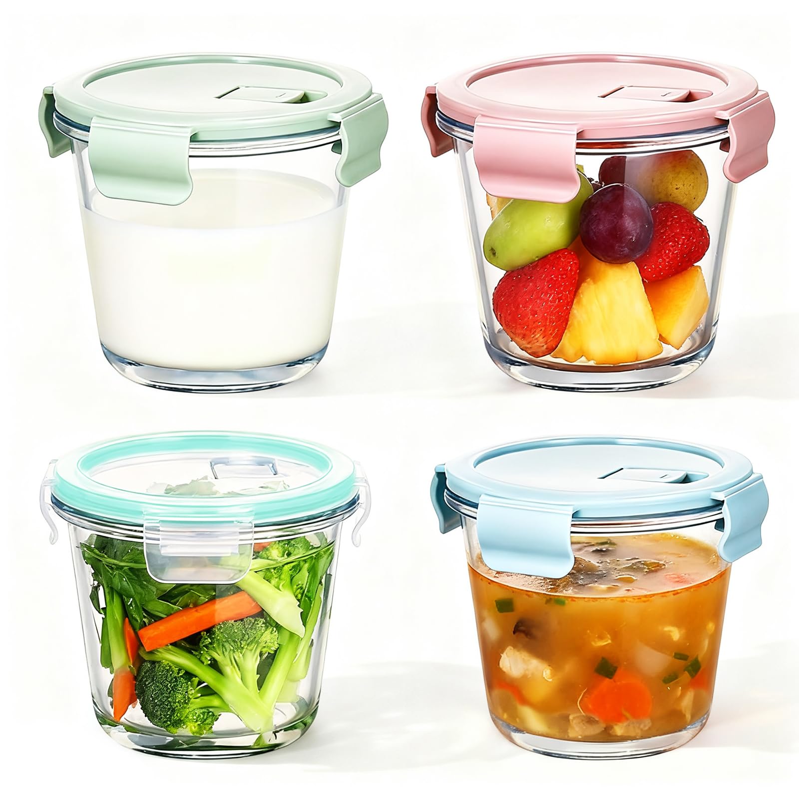 NBBENG Overnight Oats Jar Container, Glass Mason Jars with Lids, Cereal Milk Vegetable Fruit Salad Jam Protein porridge Clear Storage Containers, Breakfast Pots with Lid, 4 Colors (4-Pack 700ml)