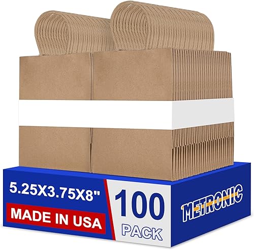 METRONIC Bolsas de papel marrón con asas a granel de 5.25 x 3.75 x 8 pulgadas, 100 bolsas de regalo de estraza para pequeñas empresas, cumpleaños,