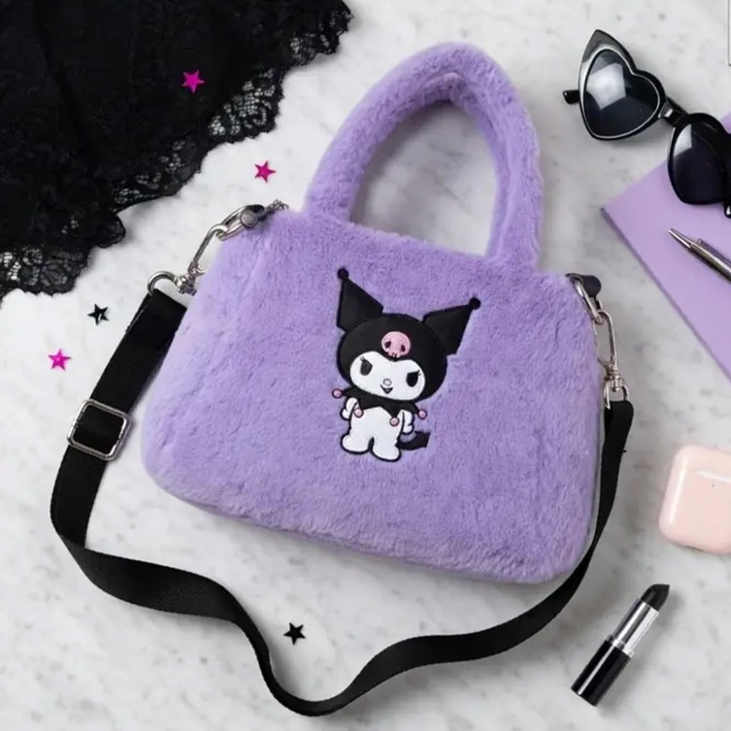 SANRIO Kuromi Plush Purse for Girls Set - Bundle with Kuromi Shoulder Bag Plus Stickers, Water Bottle, and More Fuzzy Purse for Girls, Kids