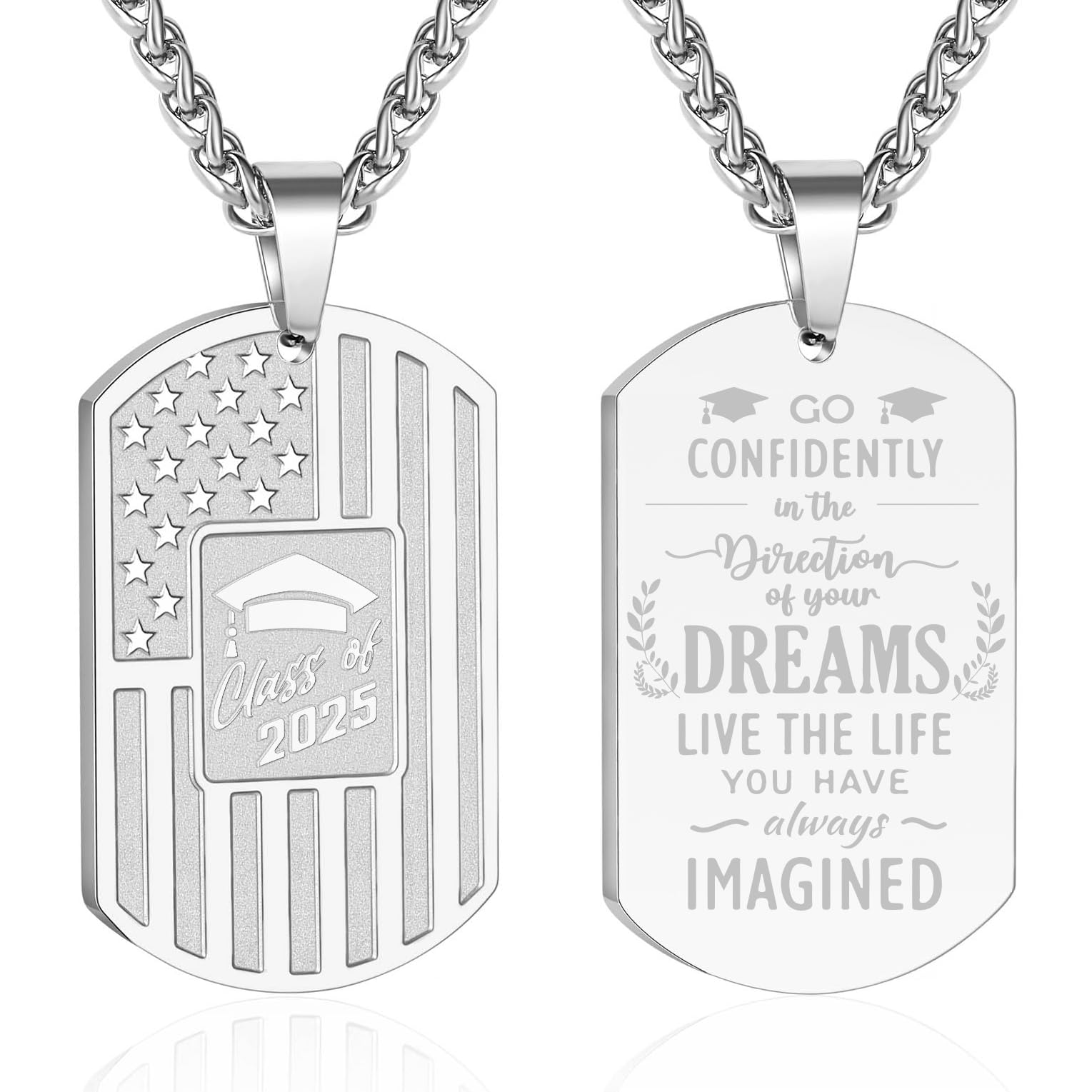 Gnamy Graduation Gifts for Him, Class of 2025 College High School Senior Graduate Necklace for Men Teenager Boys American Flag Dog Tag Pendant Cross