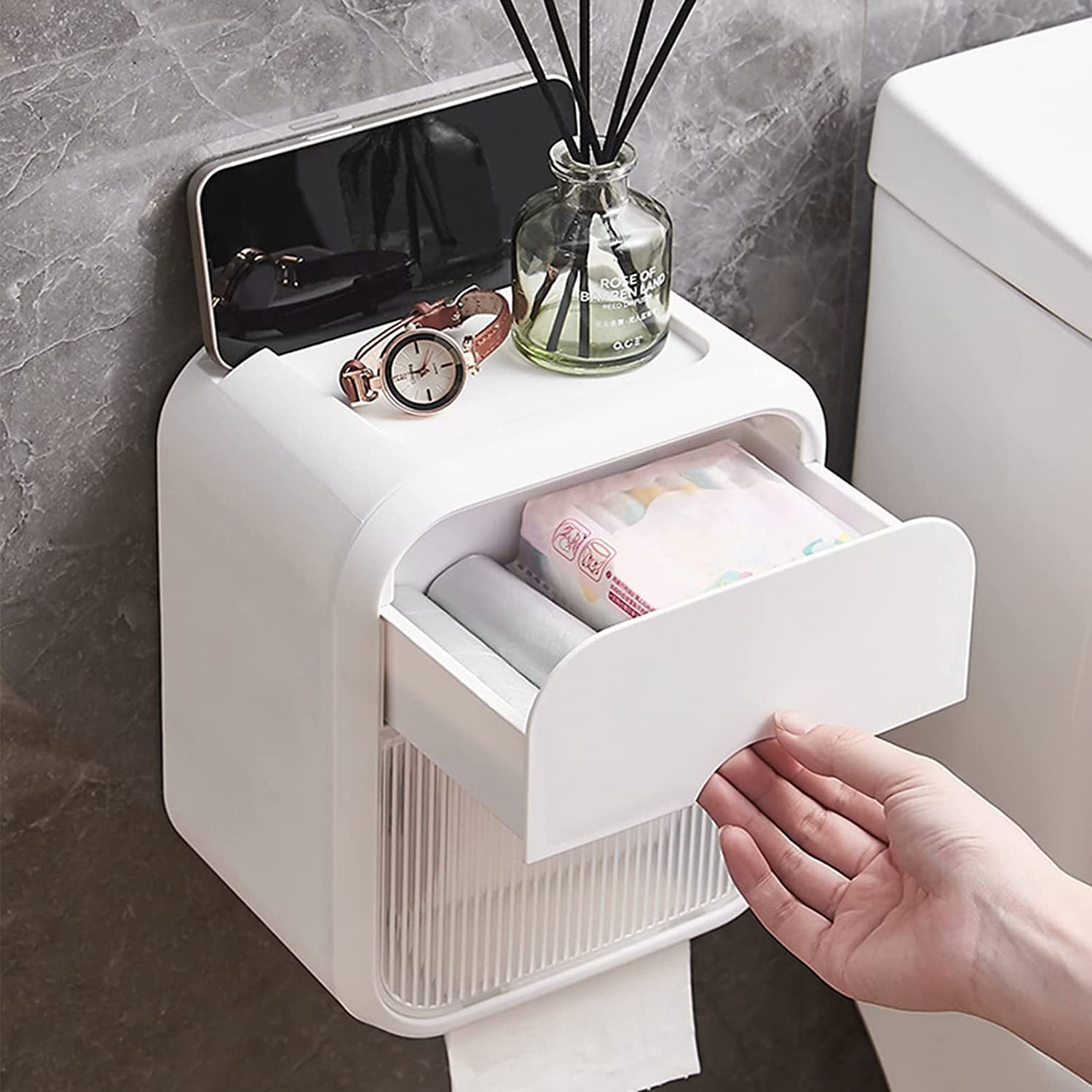 Firelex Wall Mounted Tissue Storage Box - Toilet Paper Box Dispenser with Phone Holder Organizer Drawer Bathroom Towel Period Trash Bag Multifunction Tissue Storage Box (B0C551583H) Amazon Price History, Amazon Price Tracker