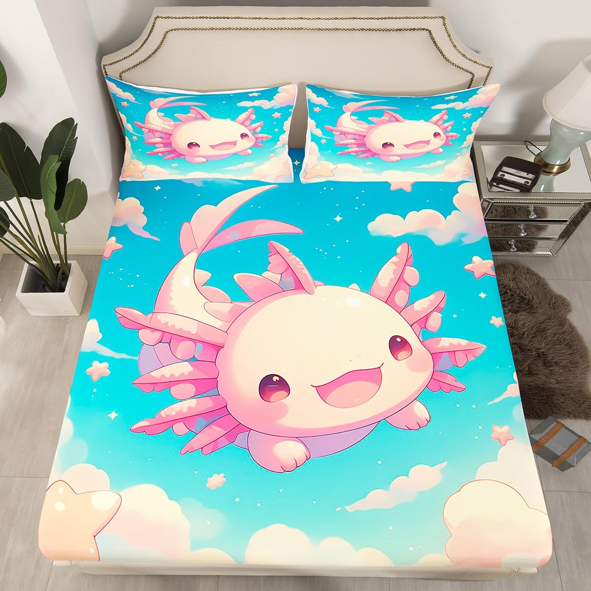 Cartoon Axolotl Fitted Sheet Single Size,Lovely Marine Life Kawaii Salamander Bed Sheet with 1 Pillowcase,Watercolor Blue Sky Clouds Stars Paint Soft Decorative Bedding(No Flat Sheet)
