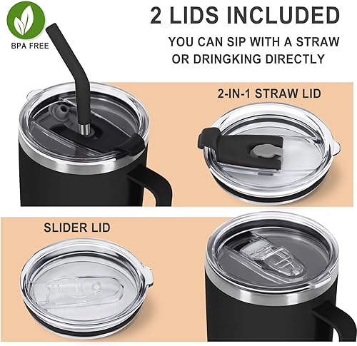 Miniatura 5 de Vaso aislado de 30 onzas con asa, de acero inoxidable, taza de café aislada de doble pared, a prueba de derrames, color negro, paquete de 1