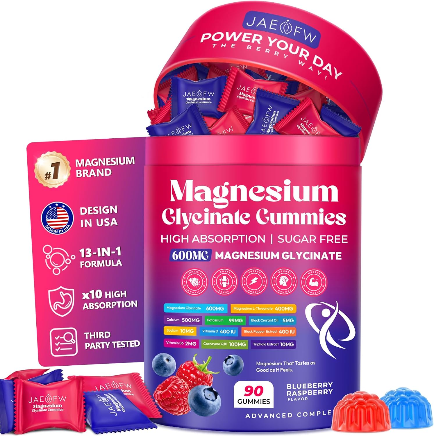 Magnesium Glycinate Gummies 1000mg – x2 High Absorption Magnesium Gummies for Women, Men & Kids – Sugar Free Vegan Supplement with CoQ10, Vitamin D3 & B6 – Daily Balance, Calm Energy & Muscle Function