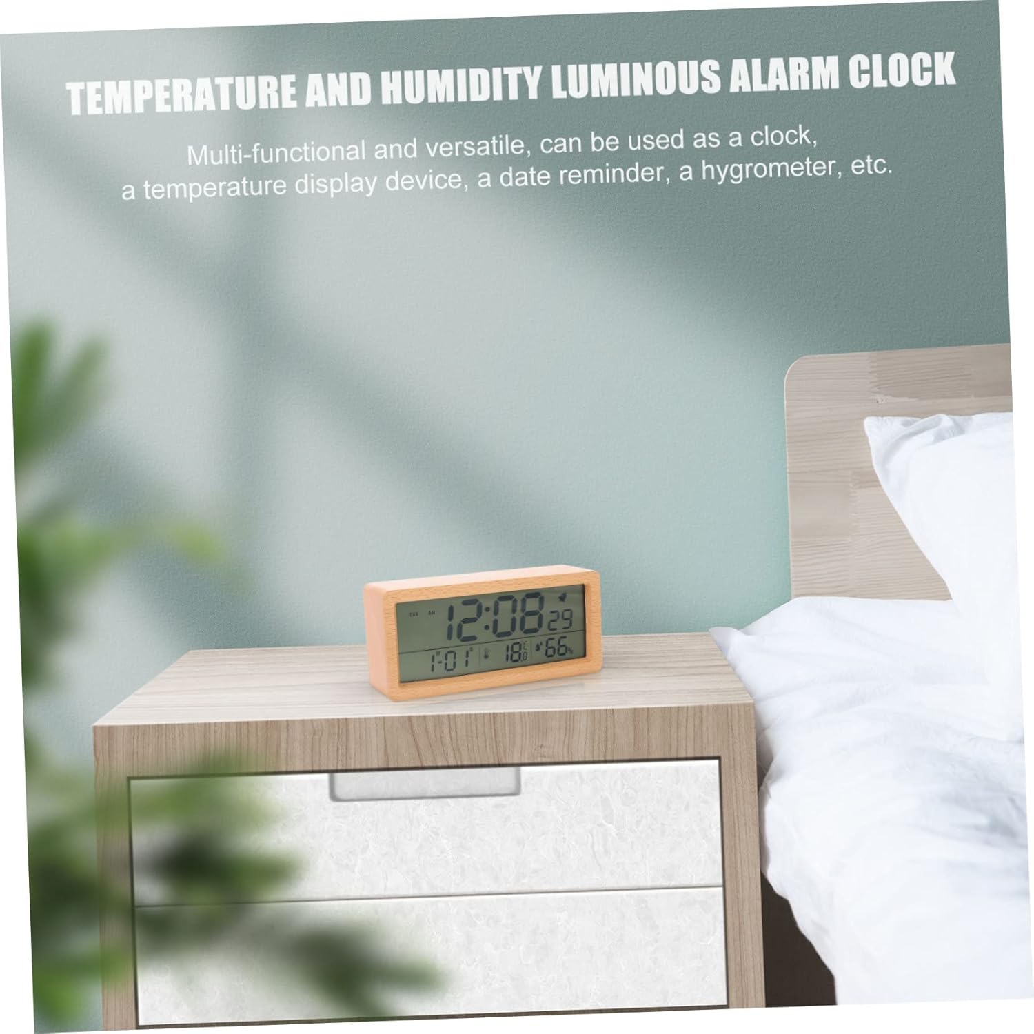 1set Multi-Function Wooden Alarm Clock Large Display Indoor Temperature Humidity Monitor Calendar Function Compact Nightstand Clock for Home Use Yellow Batteries Not Included