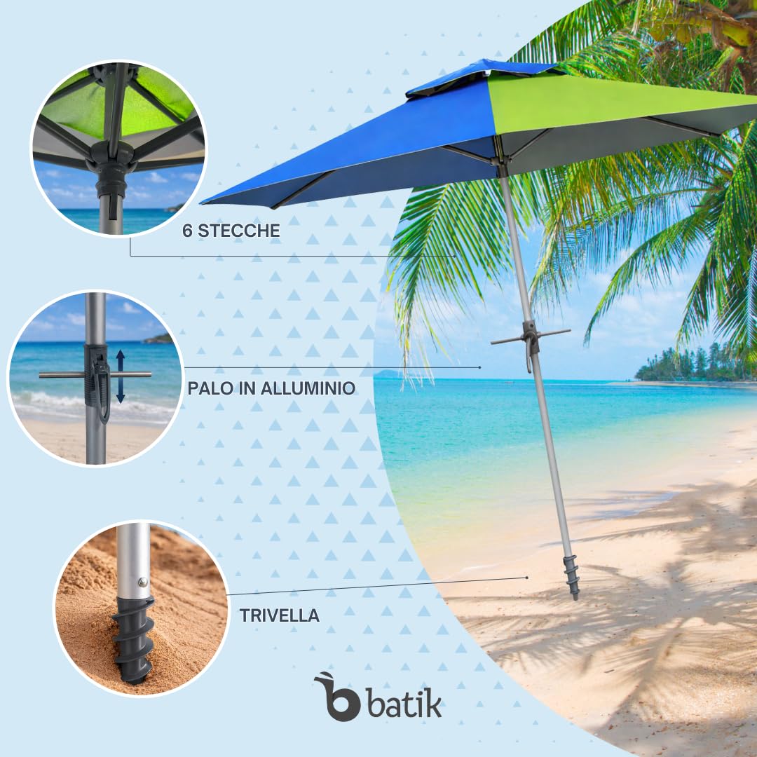 Batik Ombrellone Mare Tornado 220 cm – Ombrellone da Spiaggia Antivento con Trivella – Palo in Alluminio – Anti UV – 6 Stecche Rinforzate