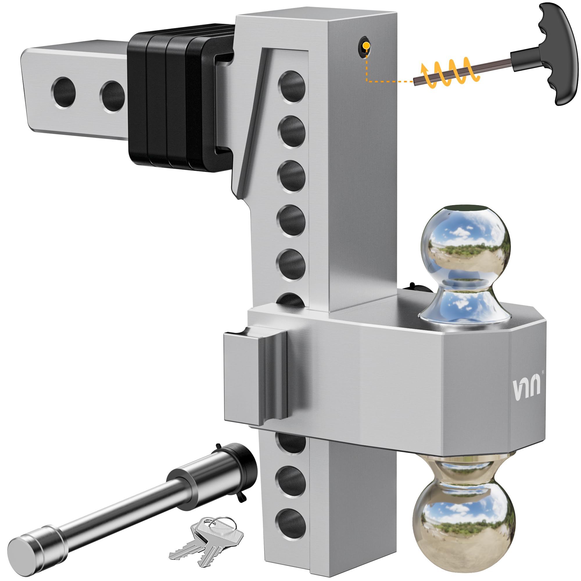 VNN Adjustable Trailer Hitch with 10-Inch Drop – Dual-Ball (2" & 2-5/16") Hitch for 2-Inch Receiver, 15,000 lbs GTW, Heavy-Duty Ball Mount – Silver (VN0005)