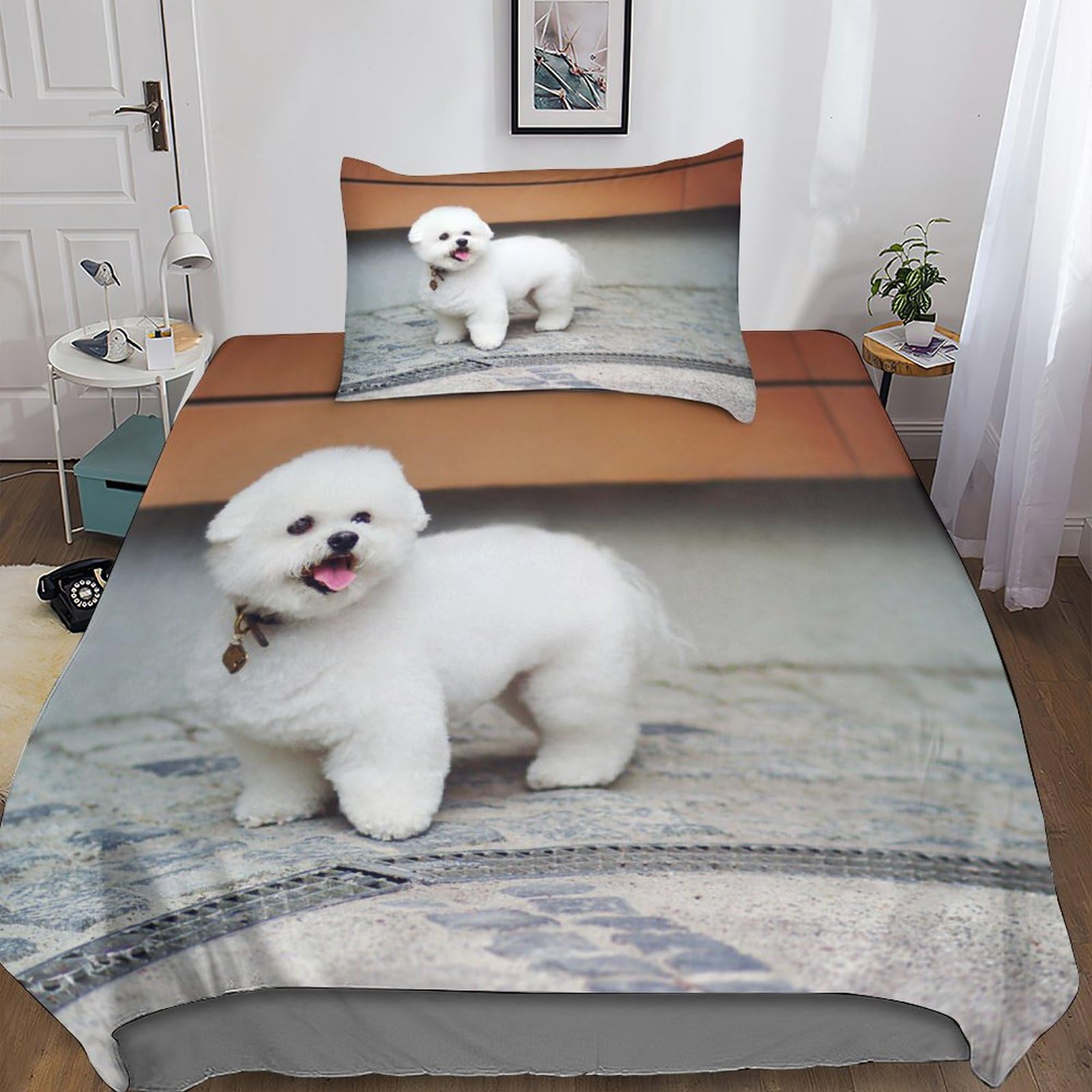ZAHOCAI Housse De Couette 200x200 Bichon Frisé Brun RougeâTre Avec Parure De Lit En Microfibre - 2 Taies D'oreiller 65x65 Cm - Housses De Couettes