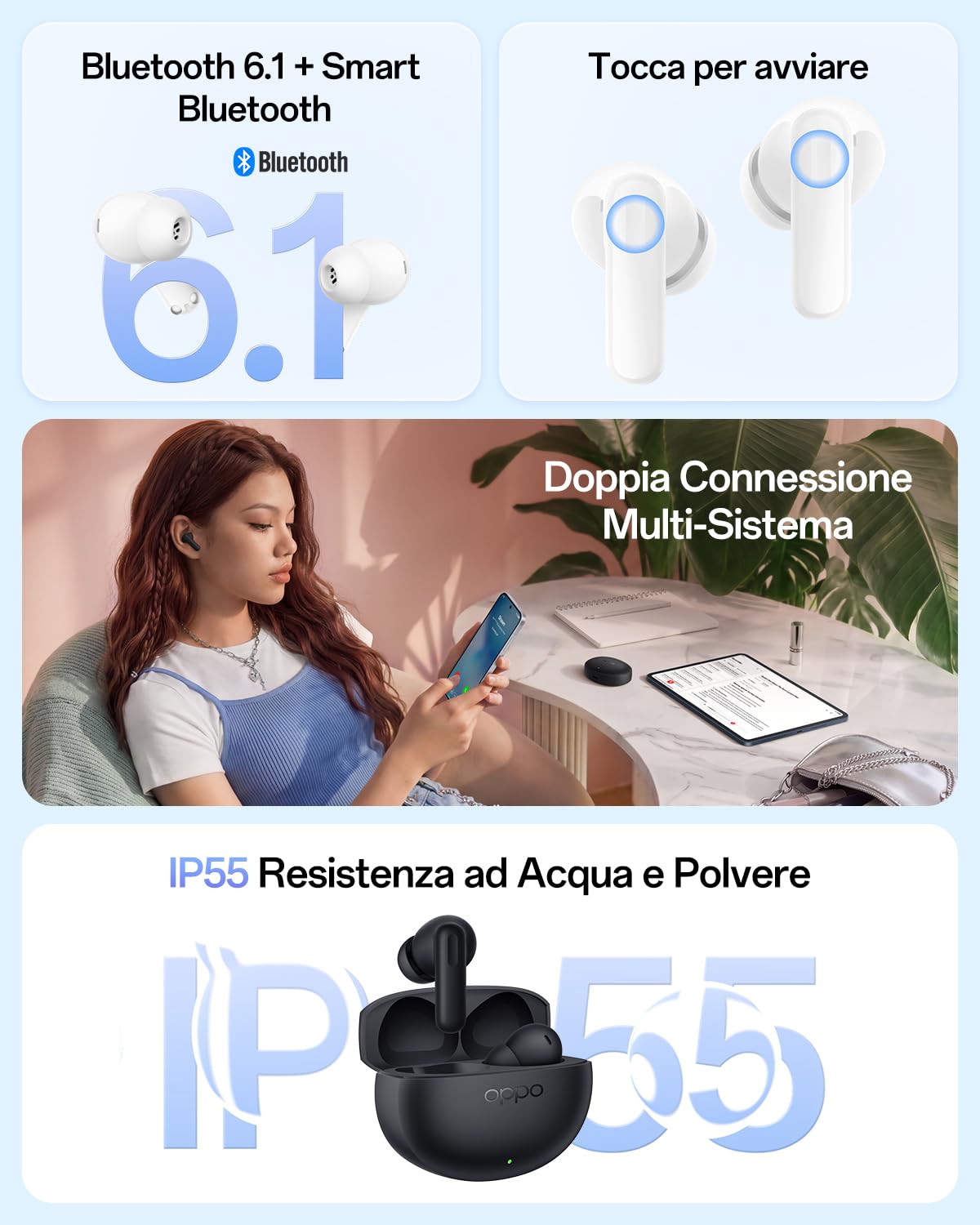 OPPO Enco Air5 auricolari wireless, Bluetooth 6.1 in-ear stereo, cancellazione rumore 52dB adattiva, driver bassi 12mm, tre microfoni chiamate IA, autonomia 54h, IP55, Midnight Black