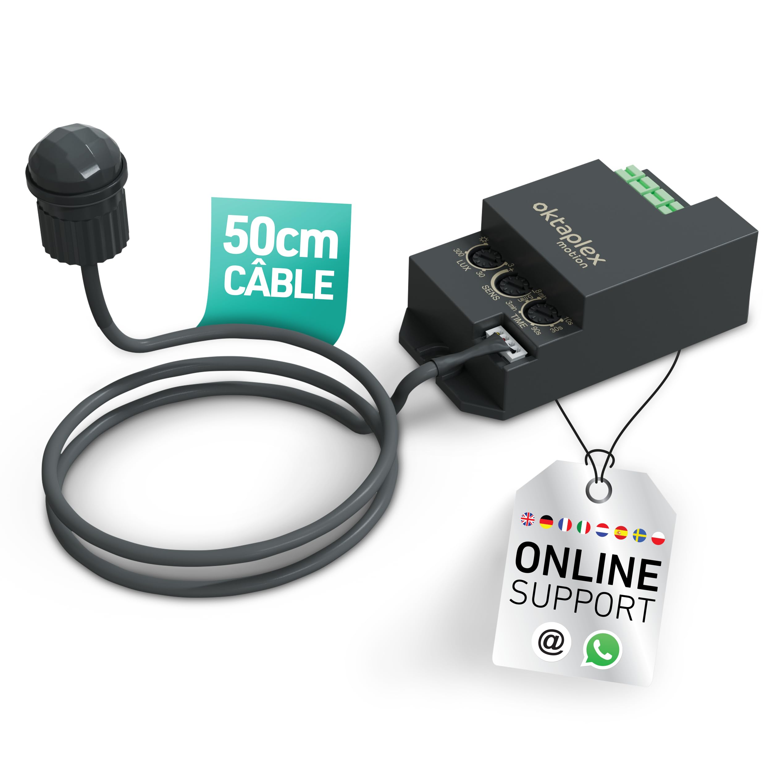 Oktaplex Jana détecteur de mouvement intégré extérieur 360 degrés capteur infrarouge 4m de diamètre IP65 / IP20 capteur de mouvement noir avec câble de 50cm