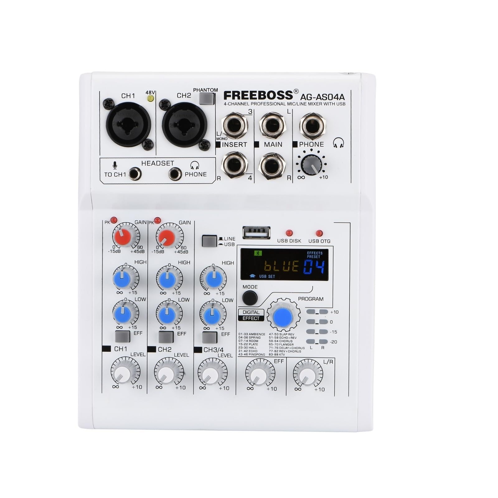 DJ-Mixer, Mischpult e Broadcast 4 Kanal Bluetooth PC USB Wiedergabe Aufnahme 88 DSP Digital Effekt Sound Mixer AG-AS04A