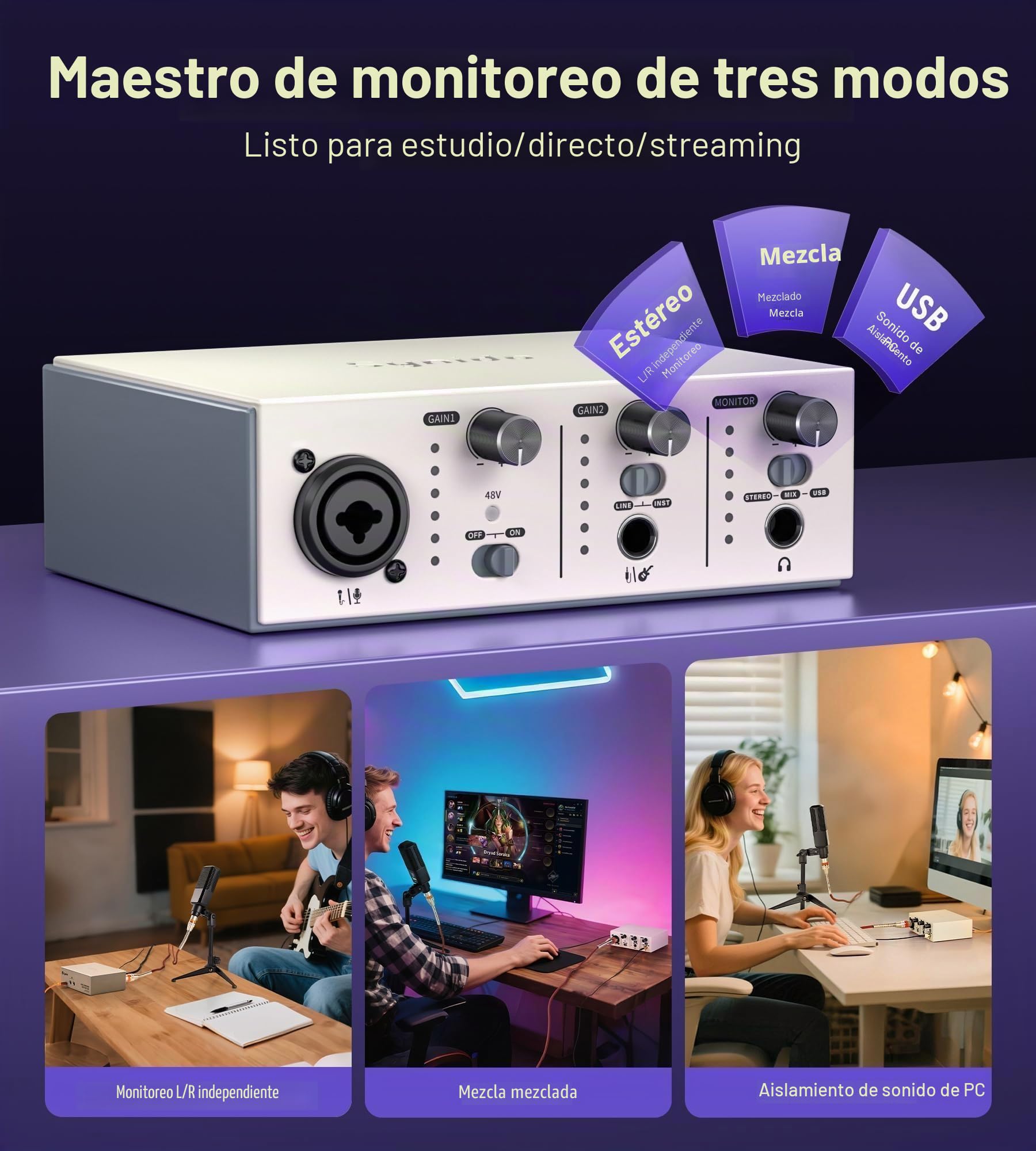 Synido Interfaz de audio USB C para grabación de música, streaming, podcasting con XLR, entrada de línea, 24 bits/48 kHz, alimentación fantasma de 48 V, 2 canales, color plateado