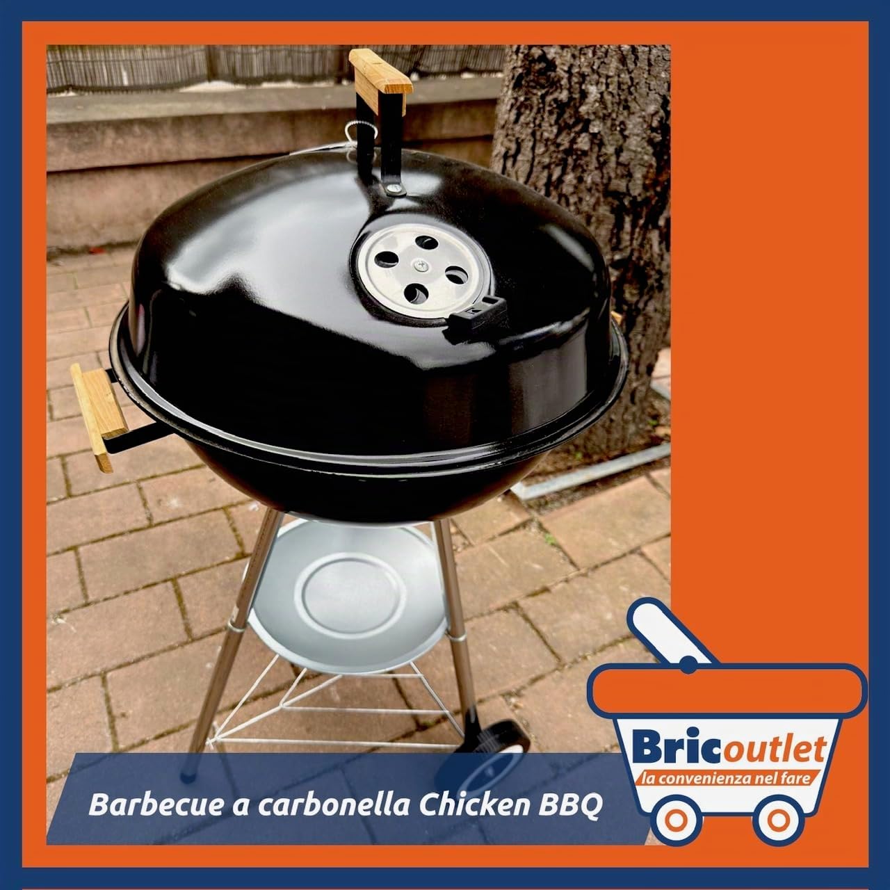 Barbecue a Carbonella CHICKEN BBQ – Griglia Ø44cm in Acciaio Inox – BBQ Portatile da Giardino, Balcone, Campeggio – con Maniglia in Legno – Barbecue Piccolo Compatto
