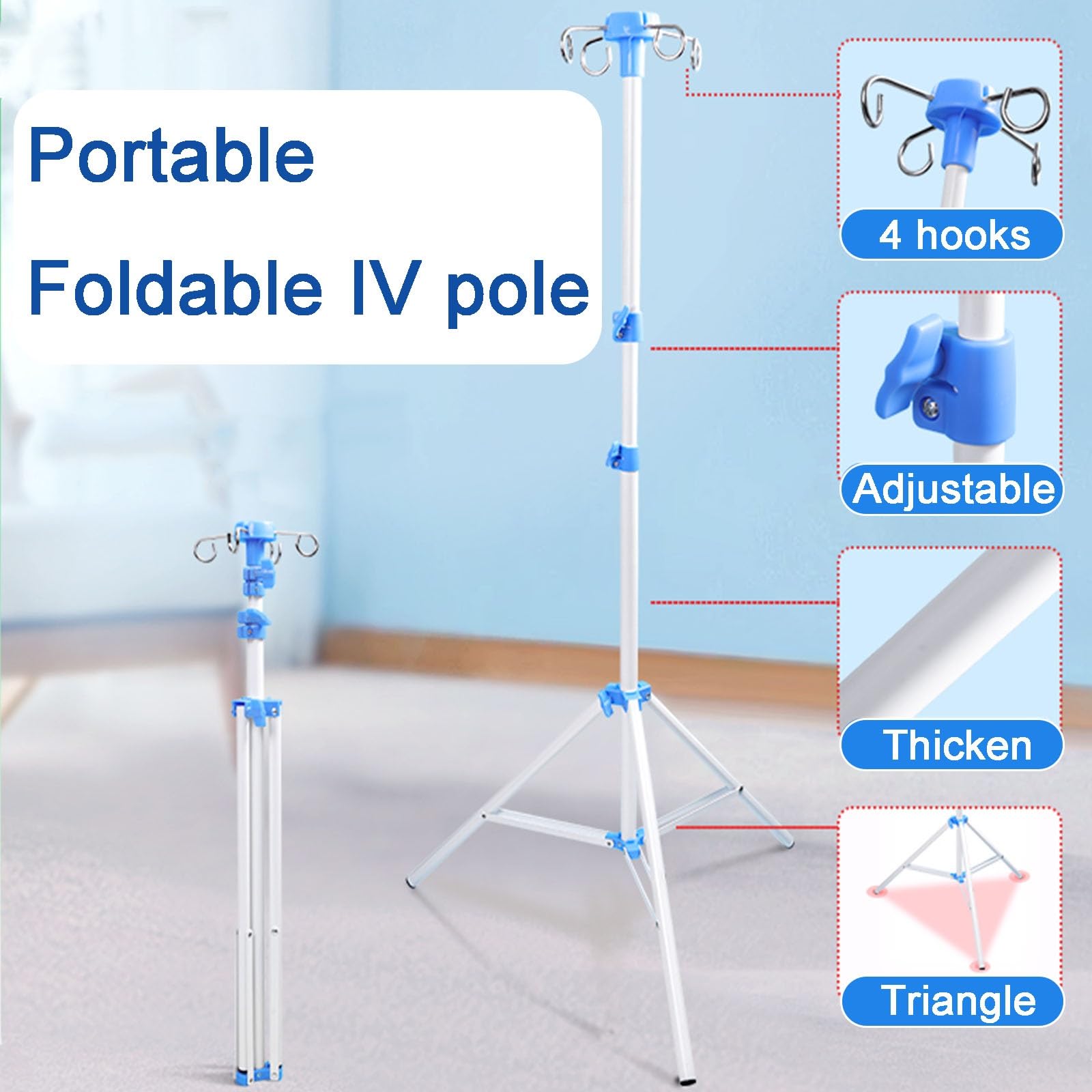 Poste de suero, Soporte portátil para Bolsa de Goteo con 4 Ganchos, Soporte Plegable para Poste, Postes de suero Plegables, portátiles para clínicas, atención domiciliaria, Viajes