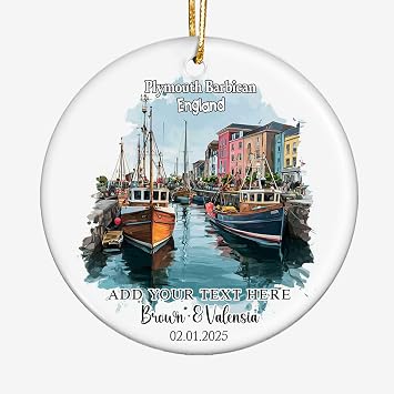Plymouth Barbican-England Ceramic Ornament Personalized Coastal Village Keepsake, Custom Name & Date Gift, Handcrafted Holiday Decoration for Couples, Travelers & Romantic Moments 3Rvgoe