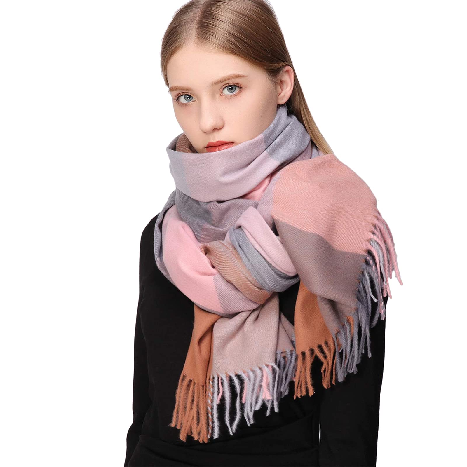 Riiqiichy Women's Dark Pink Scarf Chritmas Gifts For Scarves Winter Warm Tartan Blanket Scarfs Pashmina Shawl Wraps
