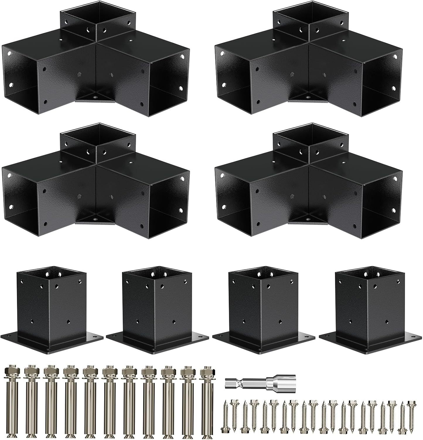 APRILSOUL 4x4 Pergola Kit, Includes 4 Three-Way Corner Brackets and Post Bases for 3.5" Wood Posts, Durable Right Angle Hardware for Outdoor Gazebo Structures