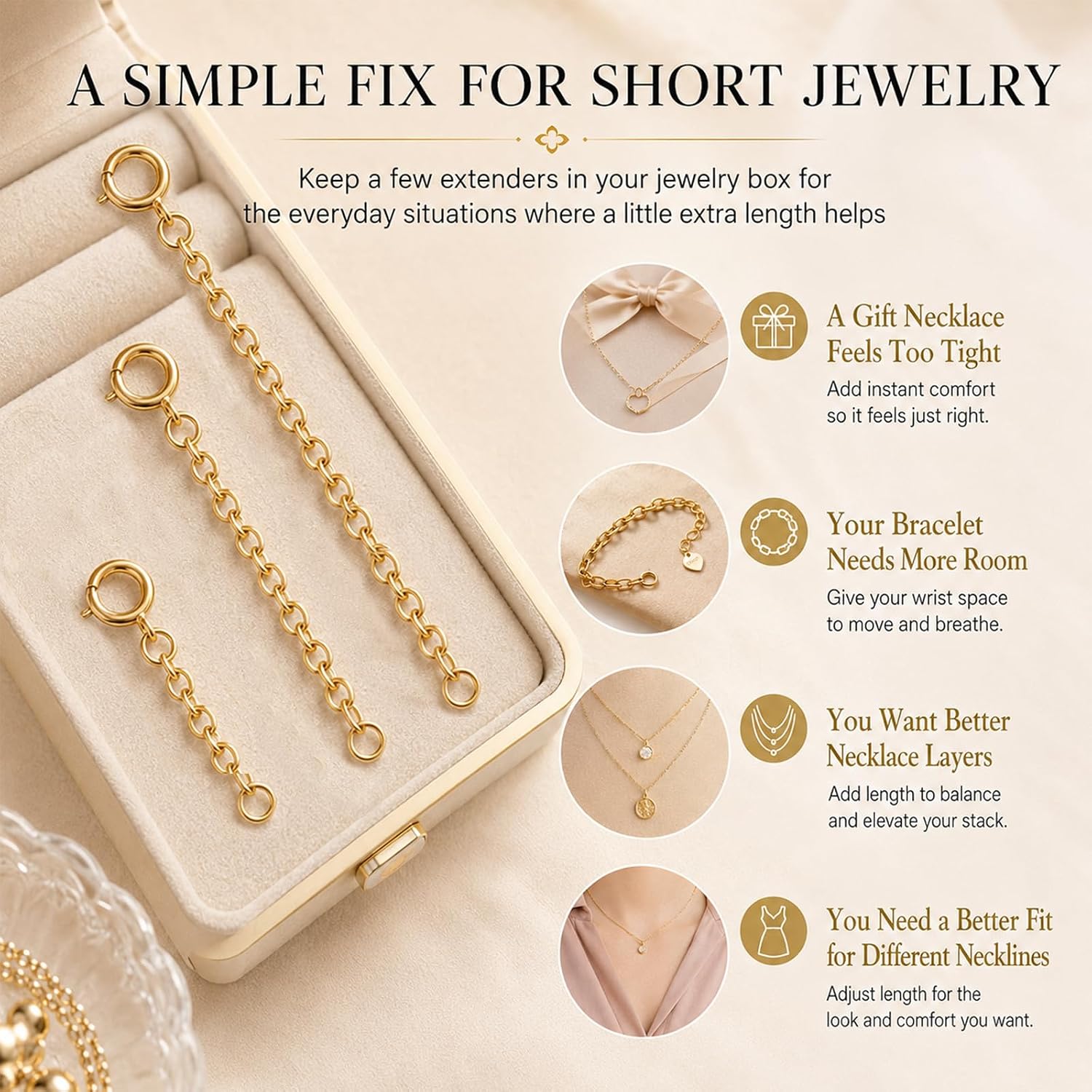 Bonison Necklace Extender Gold - 18k Gold Plated Chain Extenders for Necklaces, Necklaces Bracelet Anklet Extenders for Women Jewelry Making (3 pcs Gold 1 2 3 Inch)
