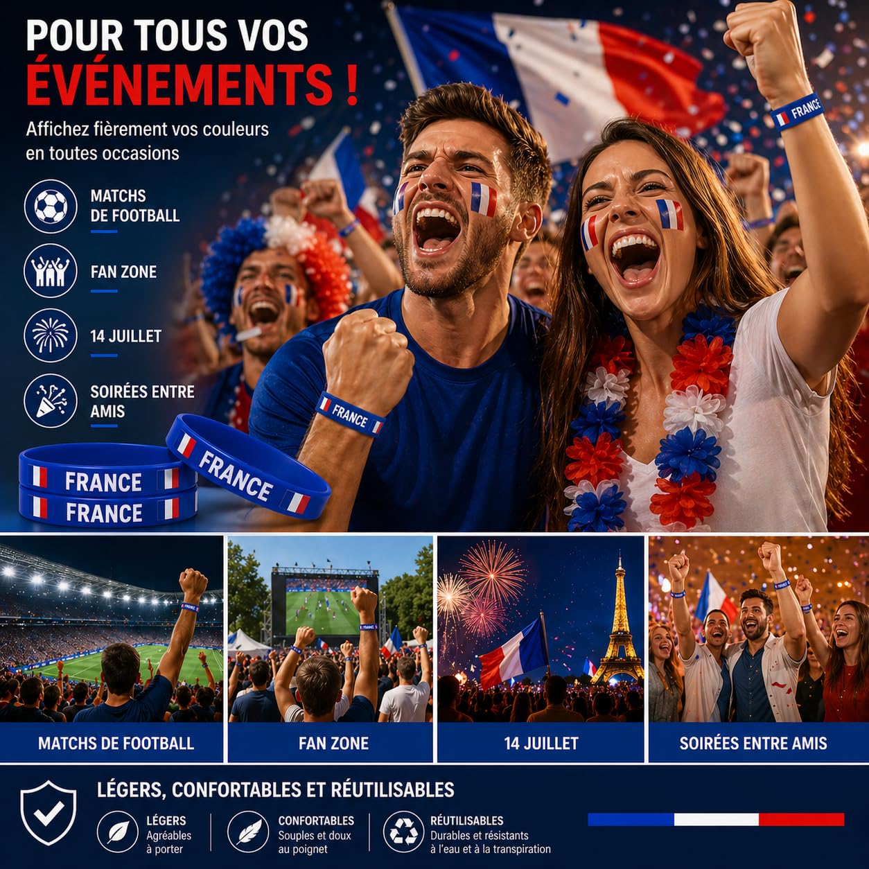 Kit Bracelets France Lot de 5 – Bracelet Silicone Bleu Drapeau Français + Tatouages – Supporter Coupe du Monde, Football, 14 Juillet, Bleu Blanc Rouge