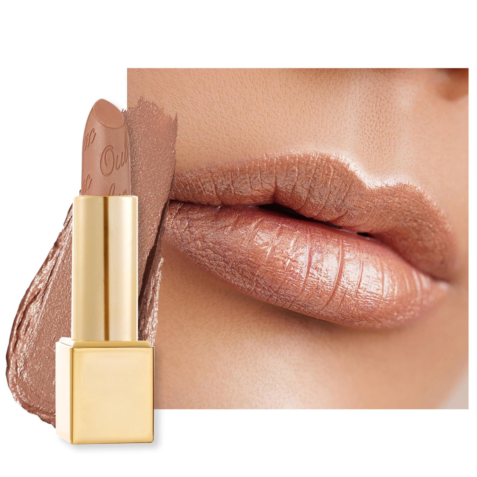 OulacMetallic Shine Glitter Lipstick, Nude High Impact Lipcolor, Lightweight Soft and Ultra Hydrating, Long Lasting, Vegan & Cruelty-Free, Full-Coverage Lip Color 4.3 g/0.15 Sahara Gold(10)