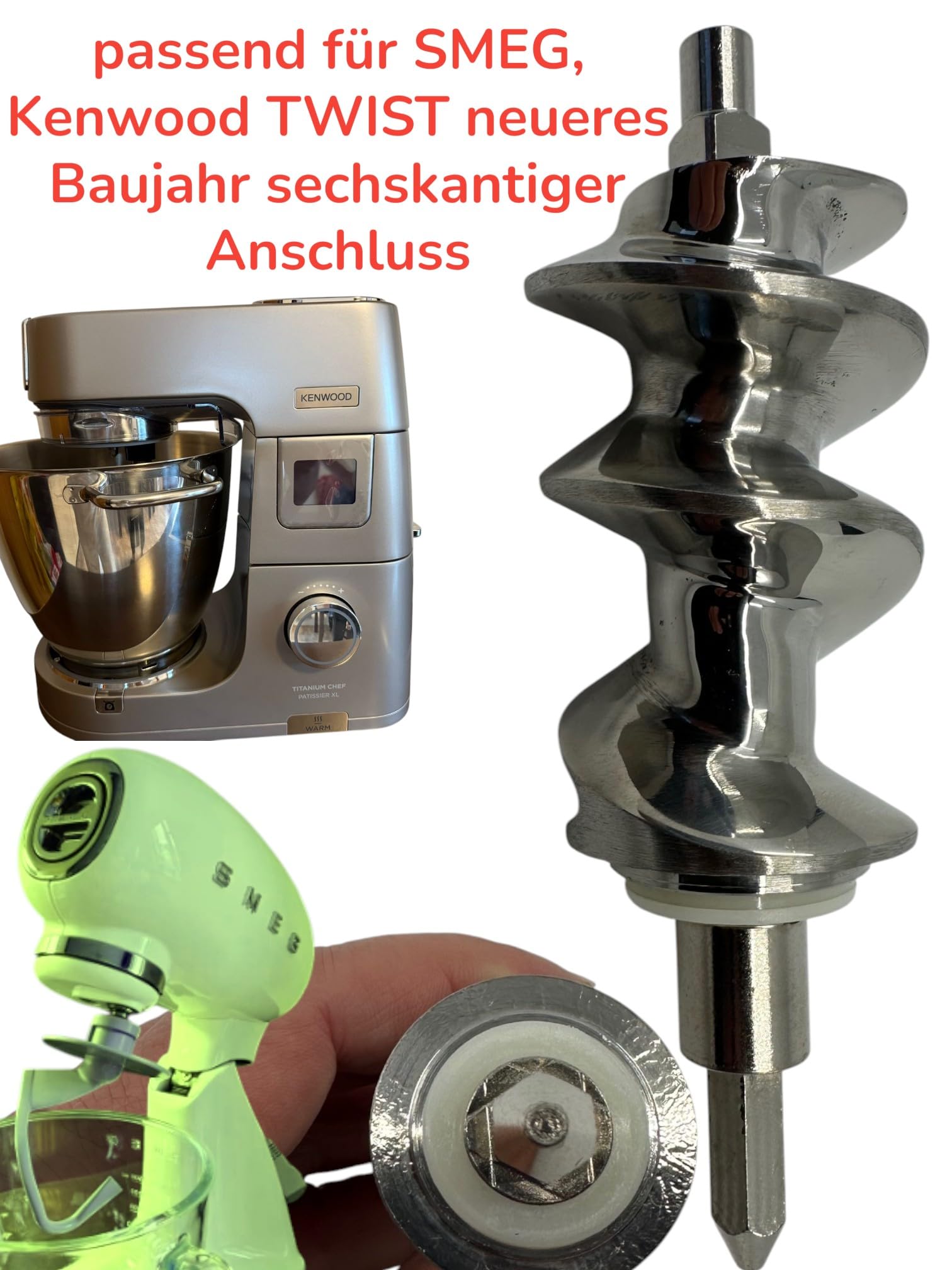 MESSERSCHMIDT FLEISCHWOLF ZU SMEG & KENWOOD TWIST GRÖSSE 5 AUS EDELSTAHL SET MIT 4 LOCHSCHEIBEN + SPRITZGEBÄCK + WURSTFÜLLER + BÜRSTE