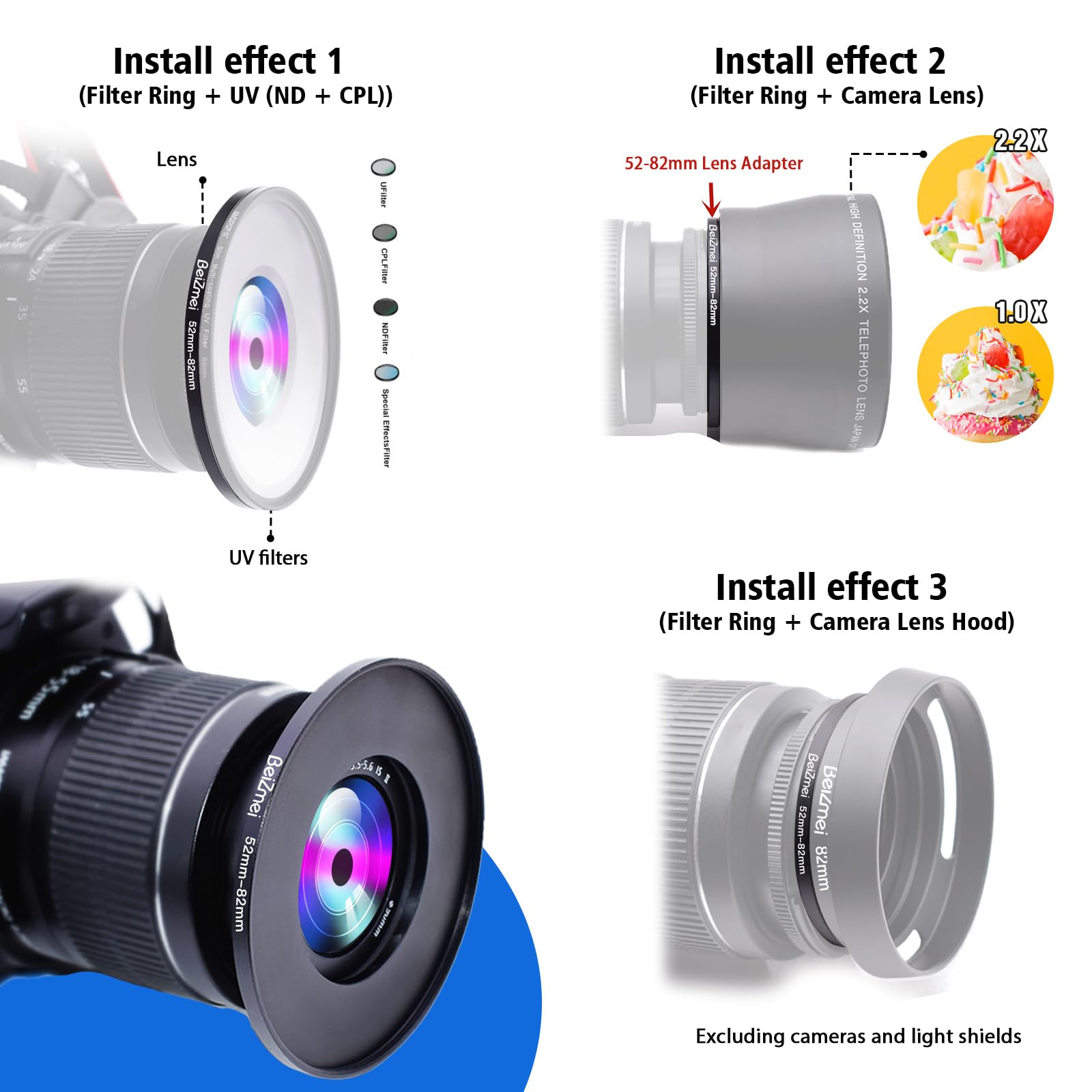 filtro Adattatore da 52mm a 82mm Compatibile con tutte 52mm le Obiettivo a 82mm UV,ND,CPL,filtro,52mm lens to 82mm fotocamera Filtro (52-82mm) - 5