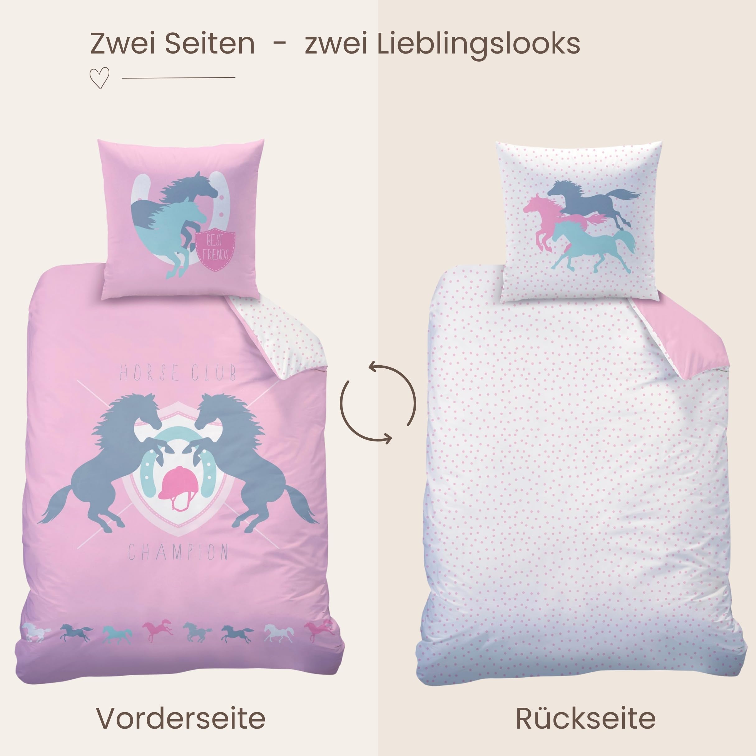 Caballos Juego de Ropa de Cama de Franela de · Chica Cama · Cama Infantil · Best Friends · Caballo & Puntos en Rosa, Color Blanco - Almohada 80 x 80 + Funda Nórdica 135 x 200 cm