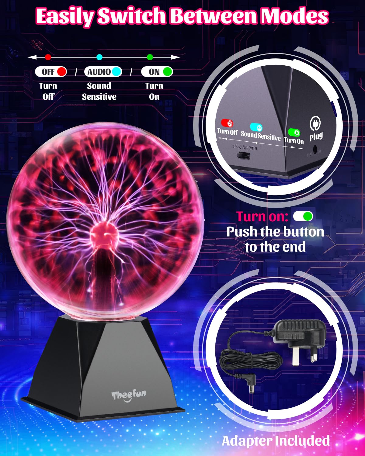 Theefun Lámpara de Plasma 8 Pulgadas, Bola de Plasma Mágica Interactiva Touch y Sonido, Bola Plasma Educativa de Física, Lámpara Decorativa para Fiestas y Regalo de Cumpleaños (Rojo)