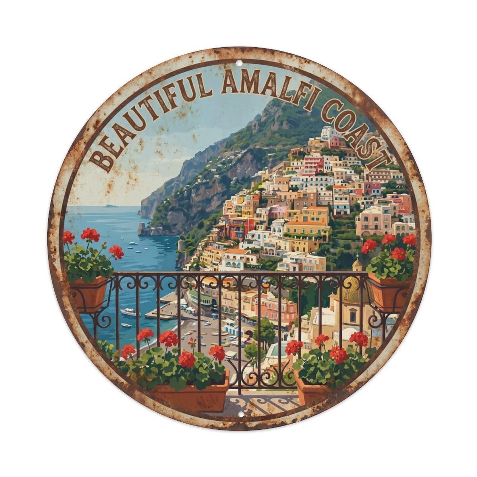 Vintage Travel Italy Seaside Balcony Vista Metal Tin Sign Plaque