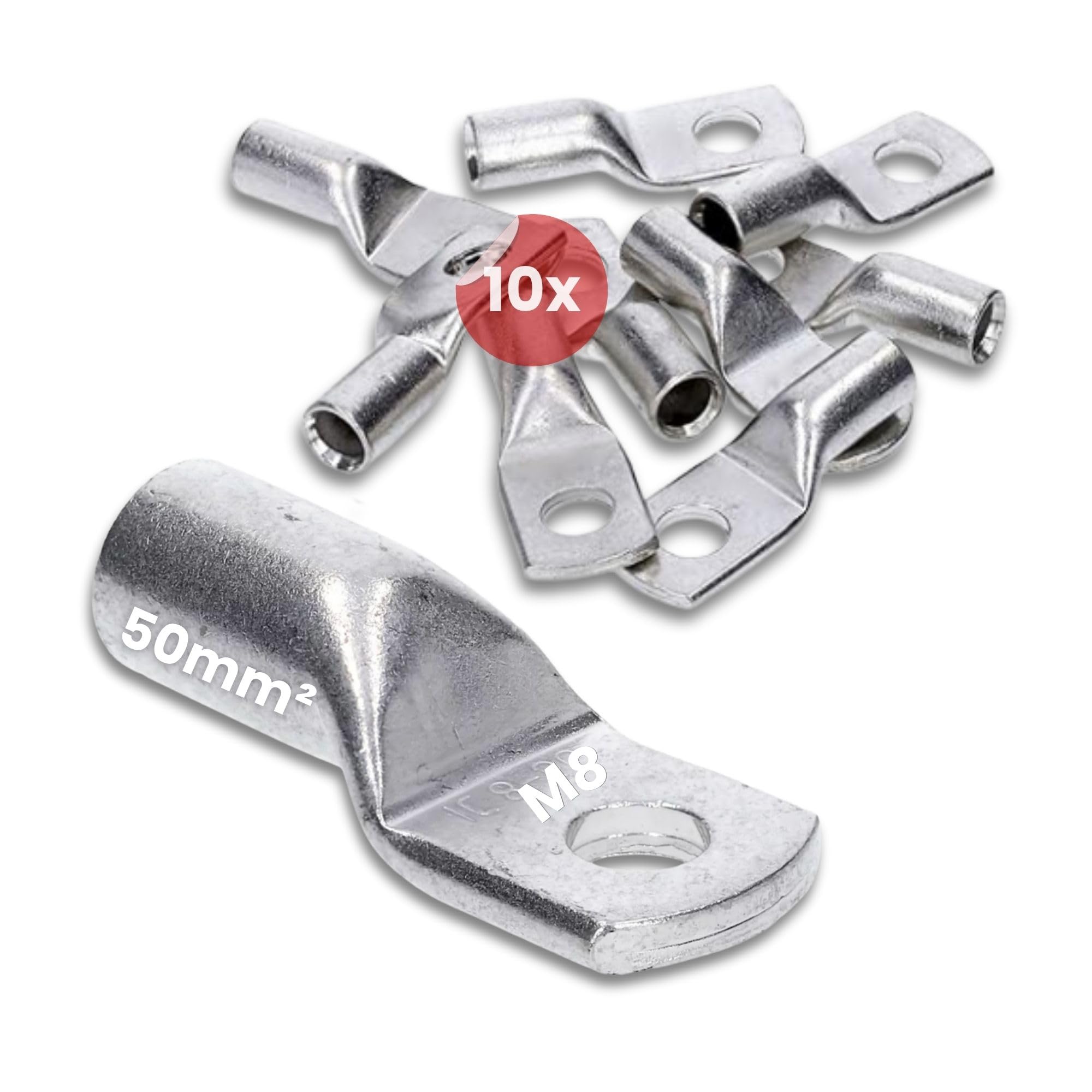 Kalitec 10x Capicorda Tubolari 50mm² M8 - Connettori a Crimpata in Rame | Terminali standard stagnati per cavi elettrici. Ideali per impianti solari, auto e industria. Qualità Made in Germany.