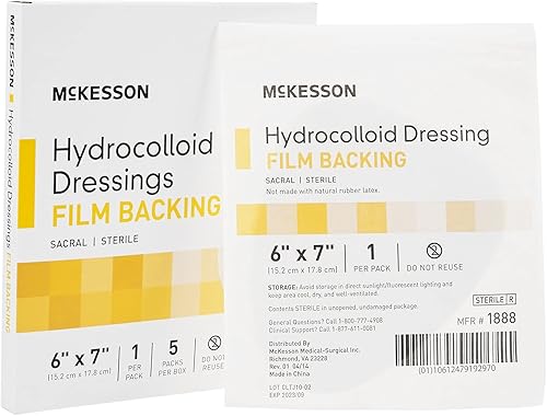 McKesson Apósito hidrocoloide, estéril, sacro, respaldo de película, 6 in x 7 in, 5 unidades, 1 paquete