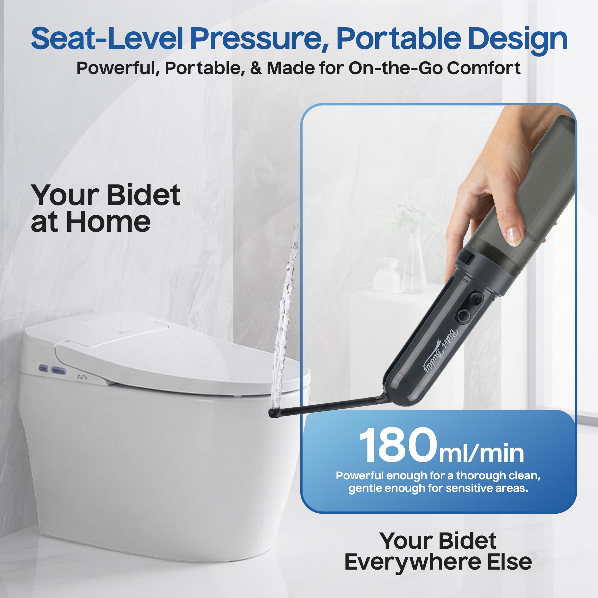 BIDET BUDDY® GoFlow Bidet portatile da viaggio | Flusso 280 ml/min | Batteria 800 mAh | Bottiglia da 180 ml | Impermeabile IPX7 | Ricarica USB-C | Tascabile e flessibile con pressione media (grigio)